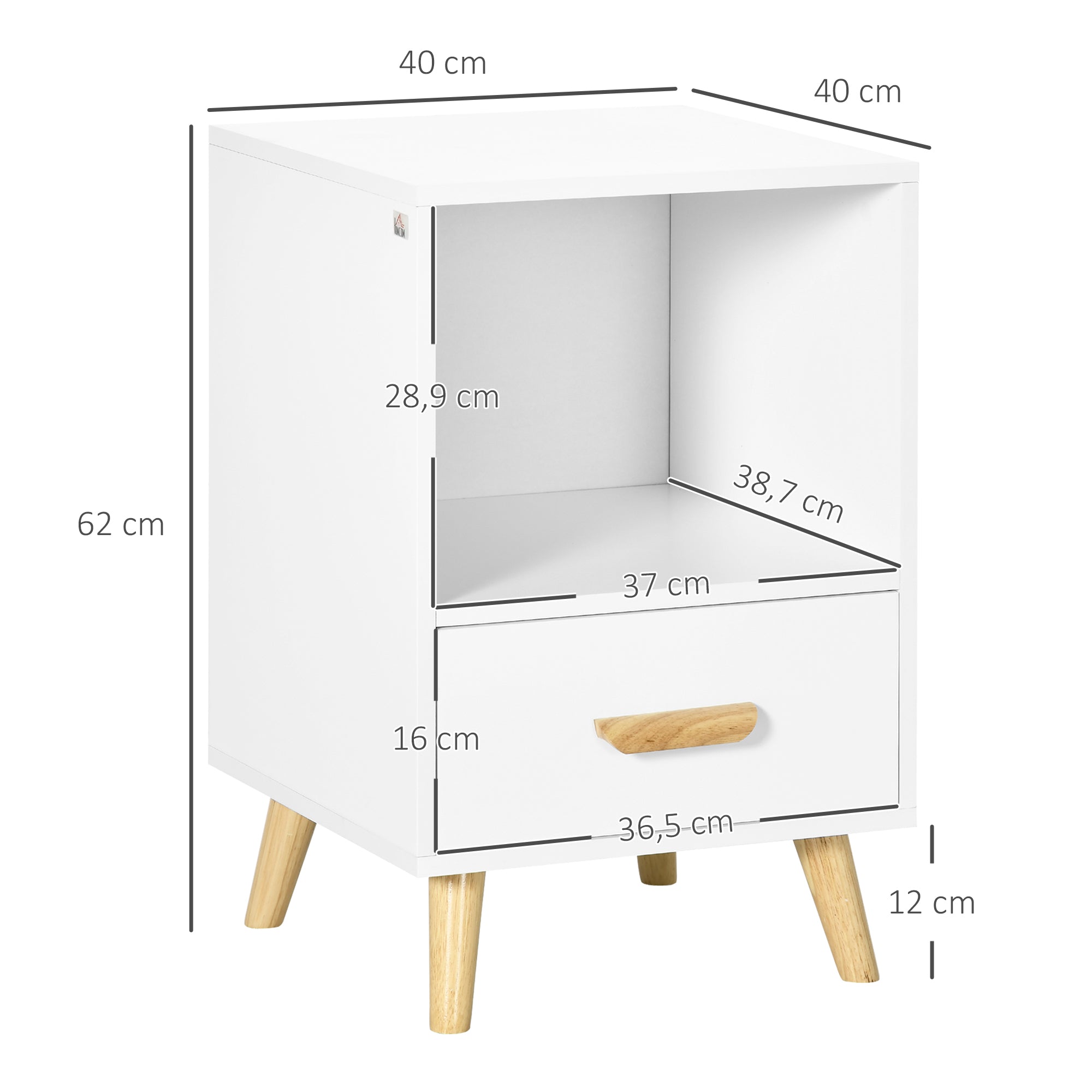 Mesa de Cabeceira Moderna com 1 Gaveta e Compartimento de Armazenamento 40x40x62cm Branco