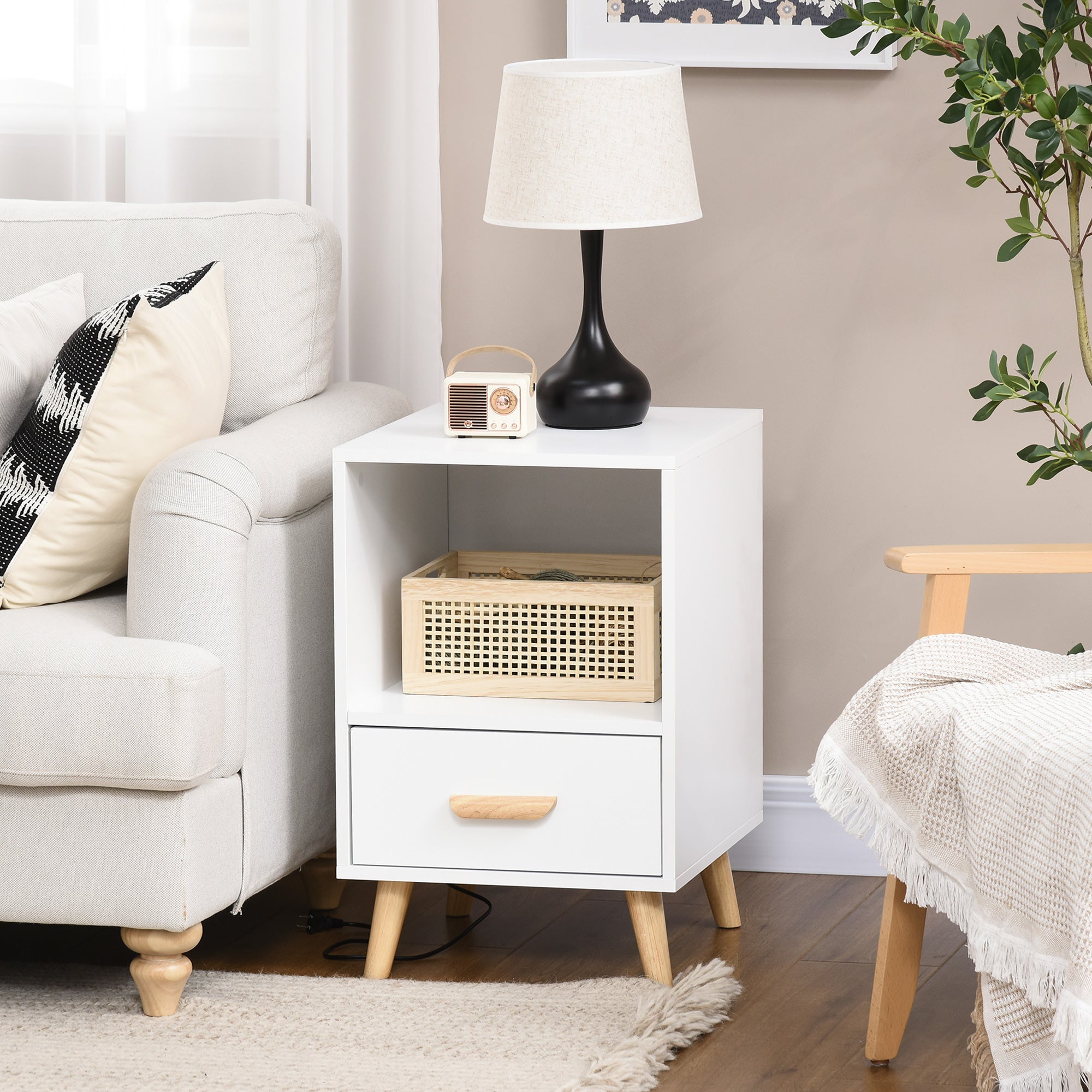 Mesa de Cabeceira Moderna com 1 Gaveta e Compartimento de Armazenamento 40x40x62cm Branco
