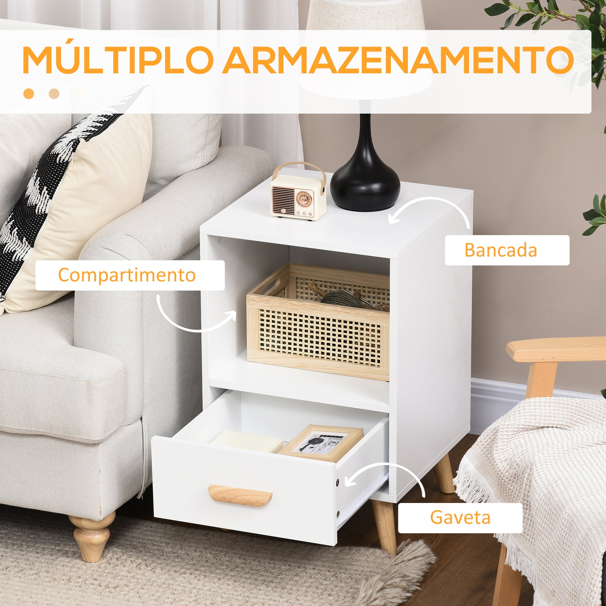 Mesa de Cabeceira Moderna com 1 Gaveta e Compartimento de Armazenamento 40x40x62cm Branco