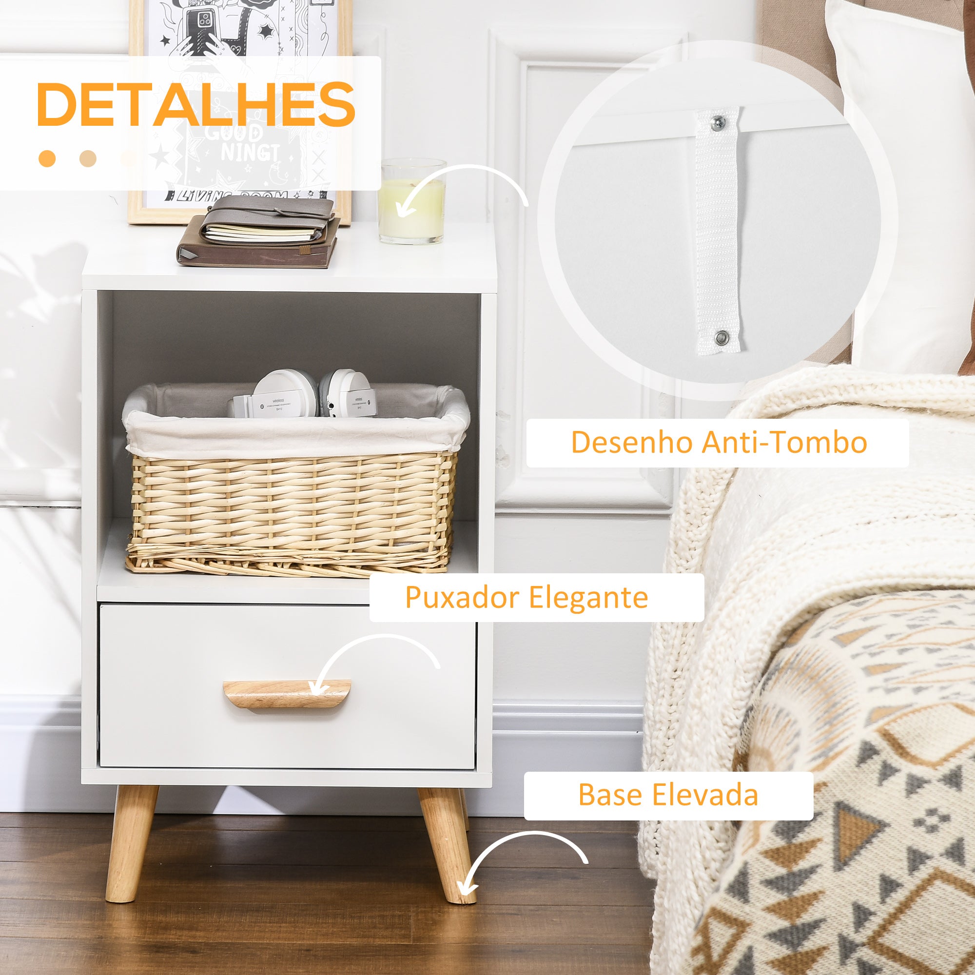 Mesa de Cabeceira Moderna com 1 Gaveta e Compartimento de Armazenamento 40x40x62cm Branco