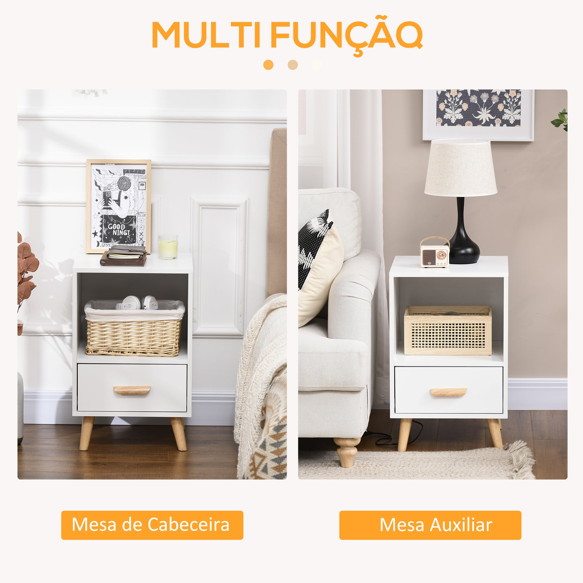 Mesa de Cabeceira Moderna com 1 Gaveta e Compartimento de Armazenamento 40x40x62cm Branco
