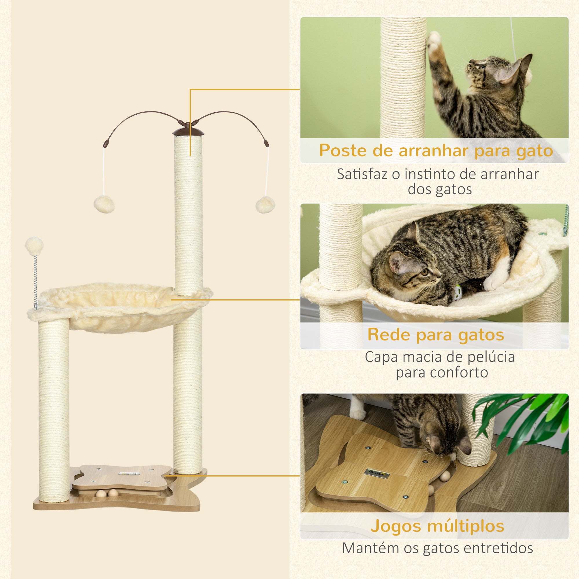 Torre para Gatos com Rede e Postes de Sisal - 53,5x53,5x90cm - Bege