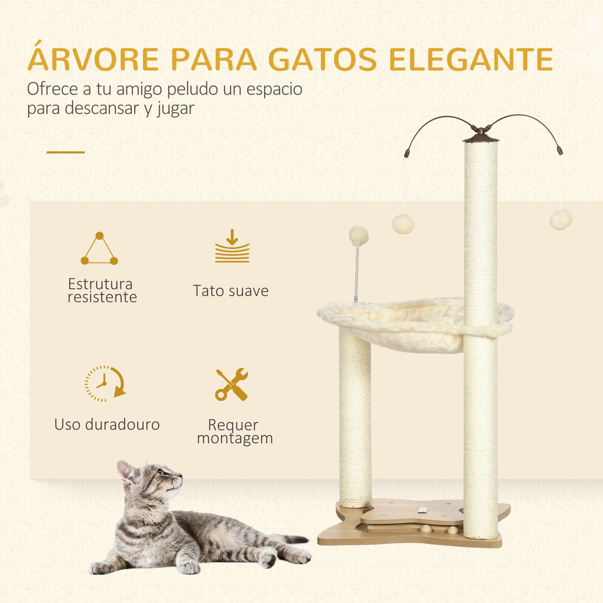 Torre para Gatos com Rede e Postes de Sisal - 53,5x53,5x90cm - Bege
