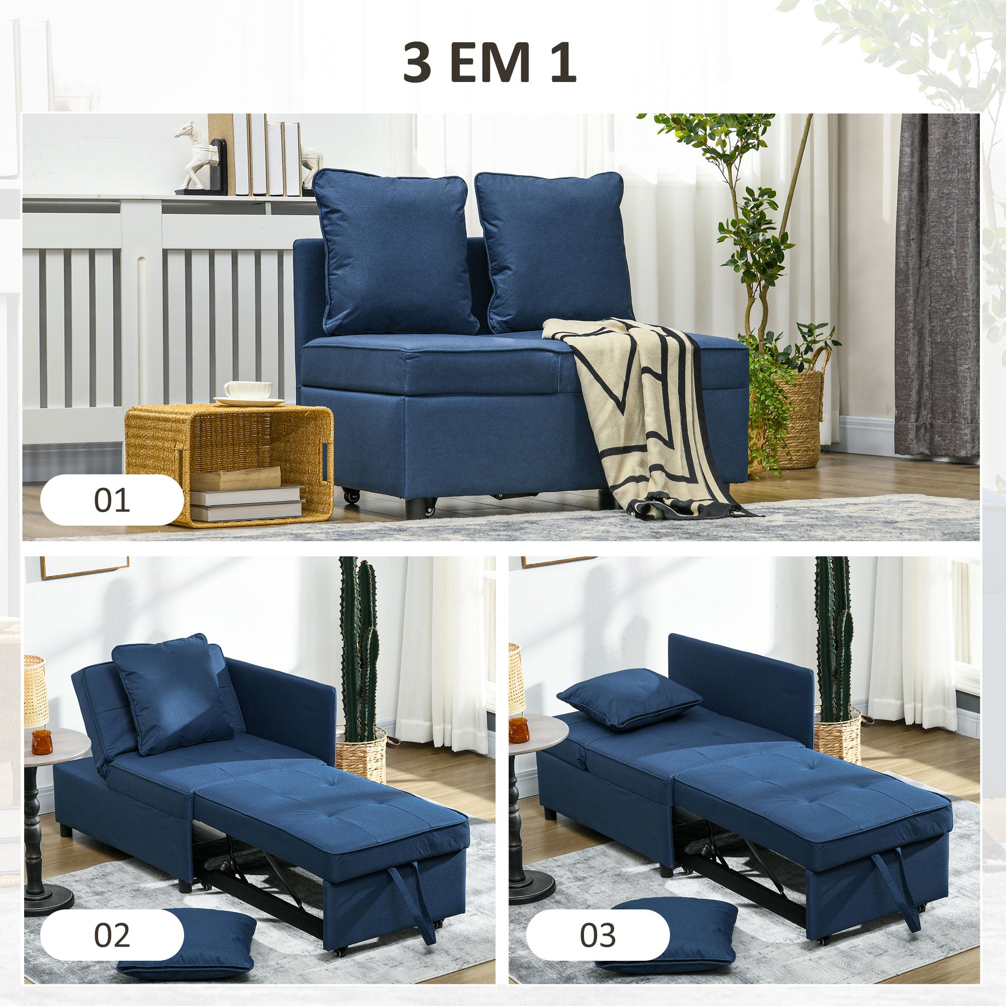 Sofá Cama 3 em 1 65x98x69 cm Azul