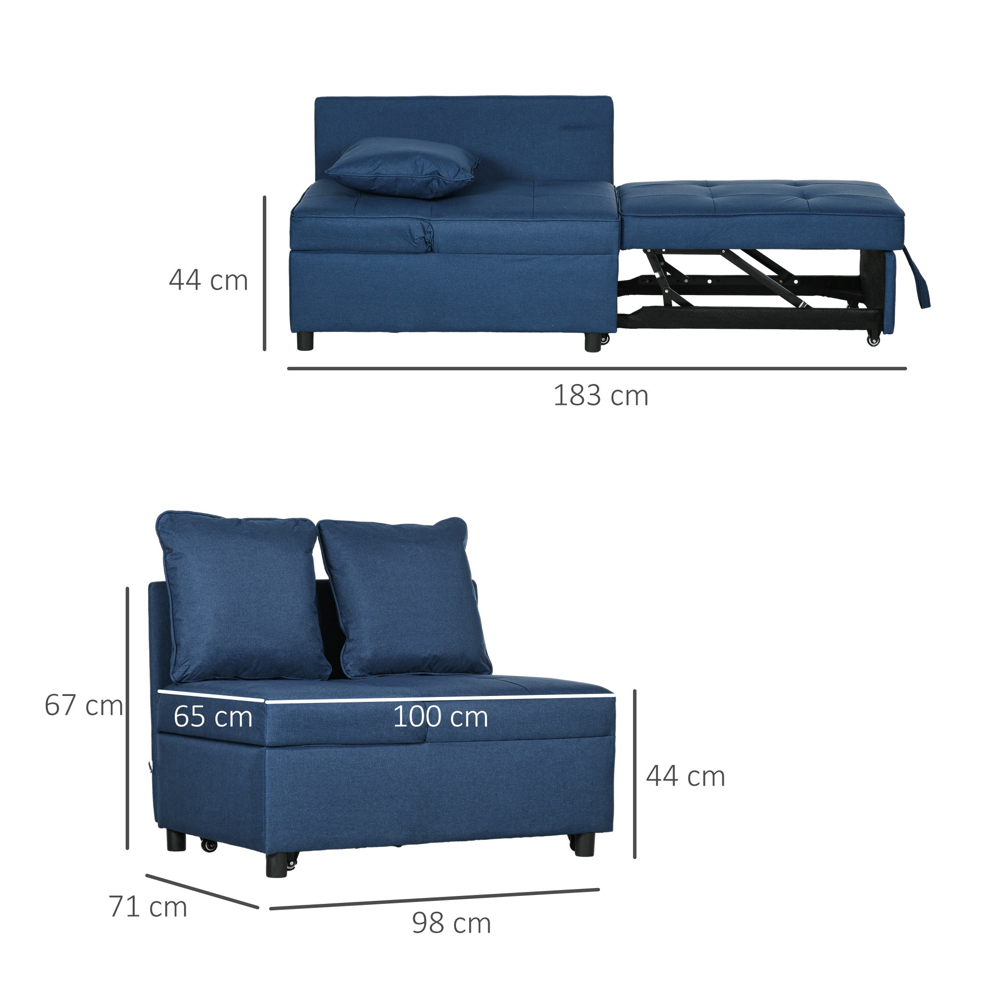 Sofá Cama 3 em 1 65x98x69 cm Azul