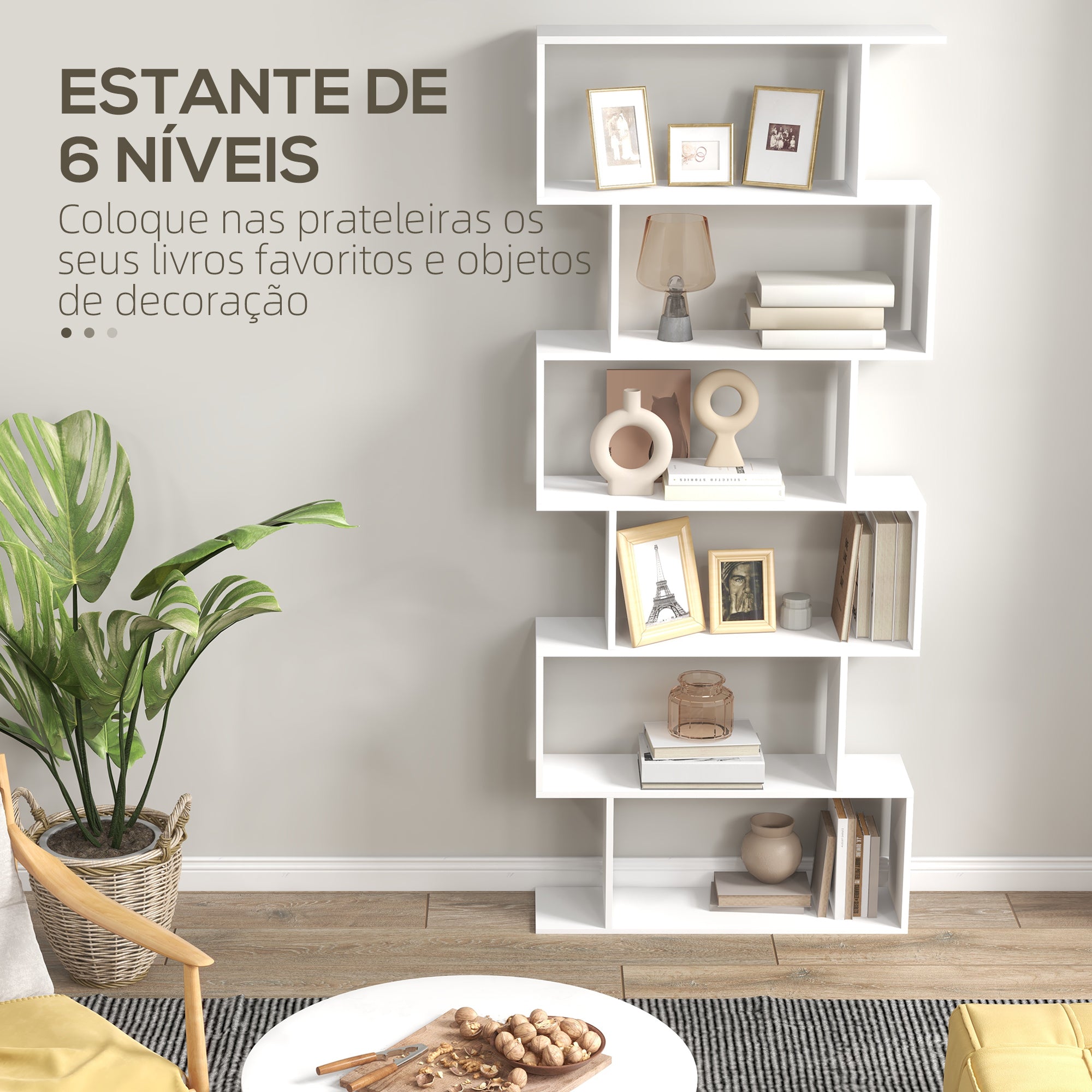Estante Moderna em Forma de S com 6 Prateleiras 80x23x192 cm - Branco