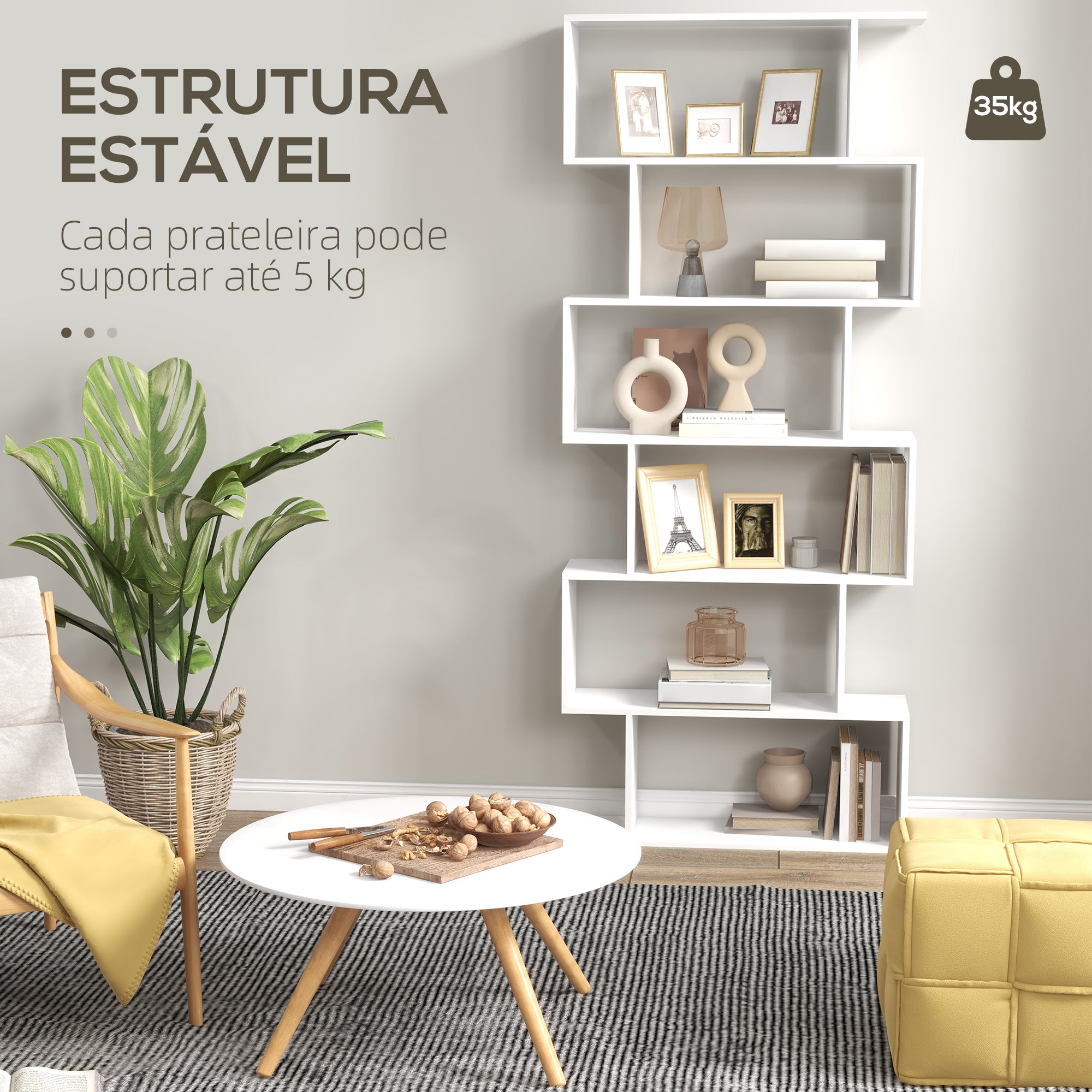 Estante Moderna em Forma de S com 6 Prateleiras 80x23x192 cm - Branco