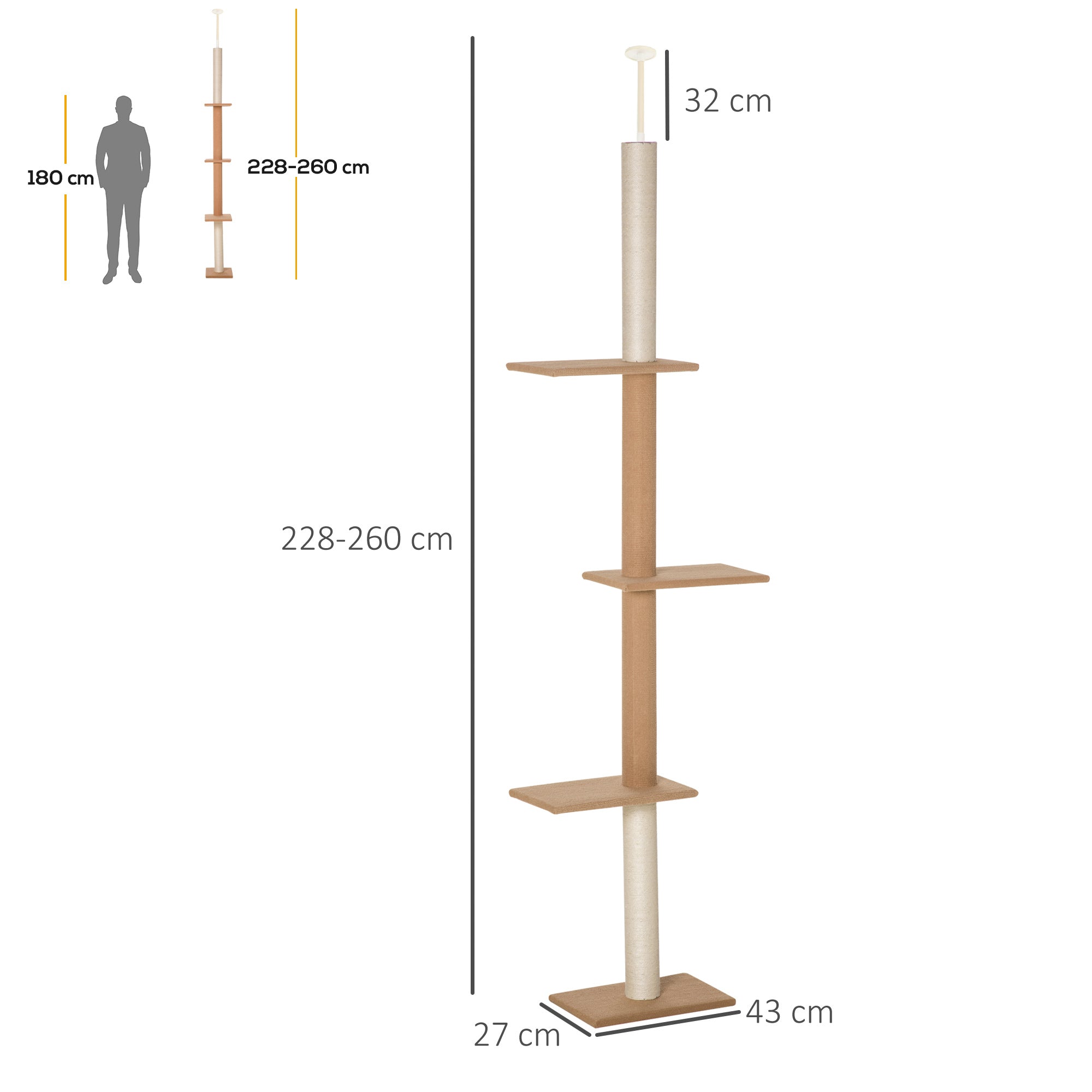 Arranhador para Gatos de Chão ao Teto 43x27x228-260 cm - Marrom Claro e Bege