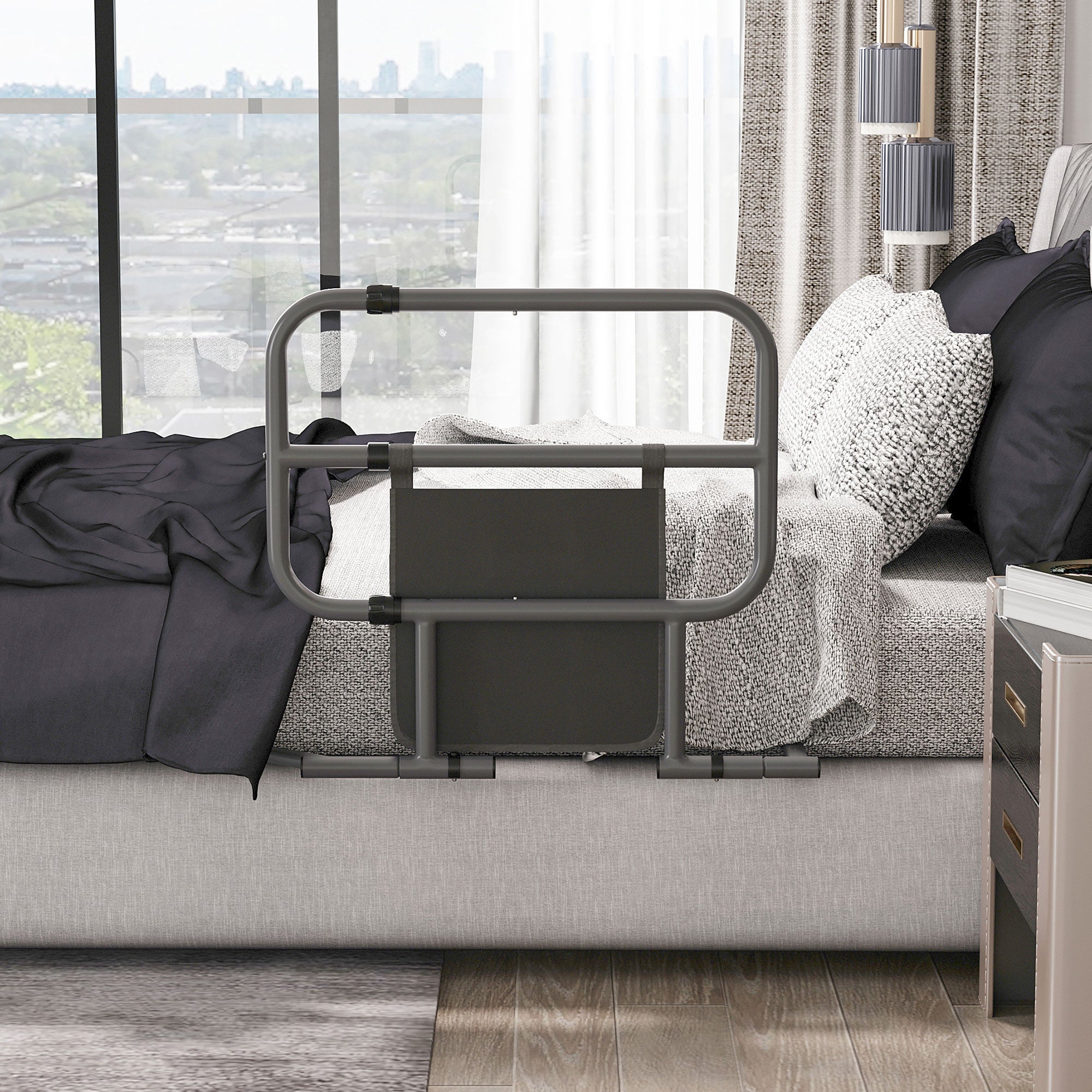 Barreira de Cama Dobrável – 61x66x55 cm – Cinzento – Aço e poliéster