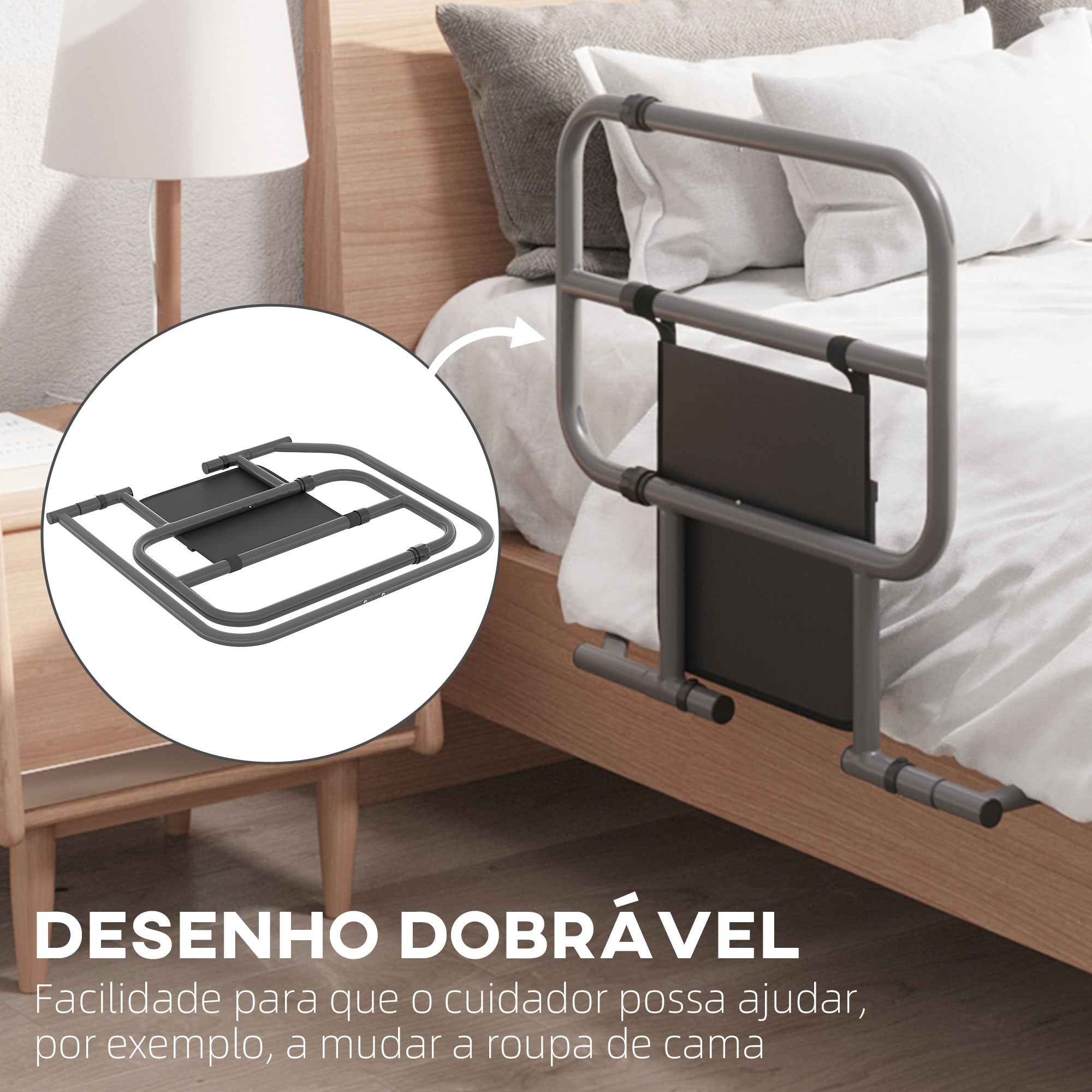 Barreira de Cama Dobrável – 61x66x55 cm – Cinzento – Aço e poliéster
