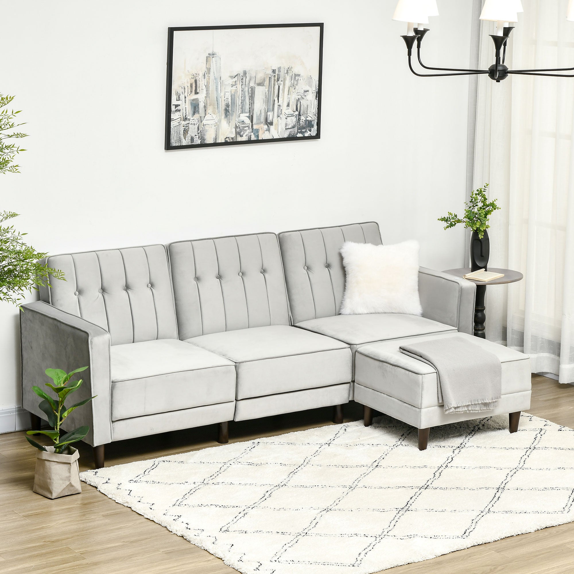 Sofá Cama Chaise Longue 3 Lugares Cinza Claro 218x85x86cm