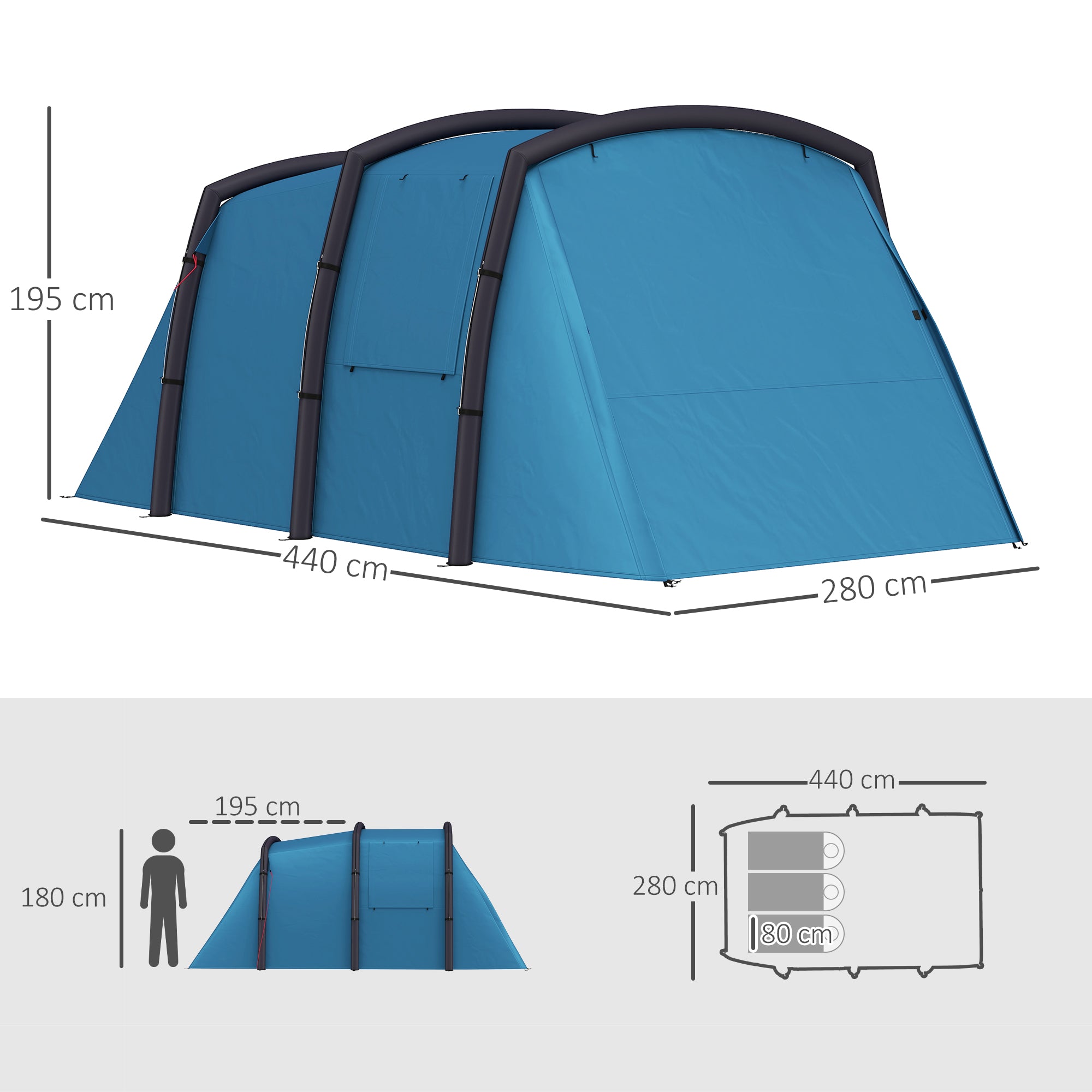 Tenda de Campismo Inflável Tipo Túnel para 3-4 Pessoas - Azul 440x280x195 cm