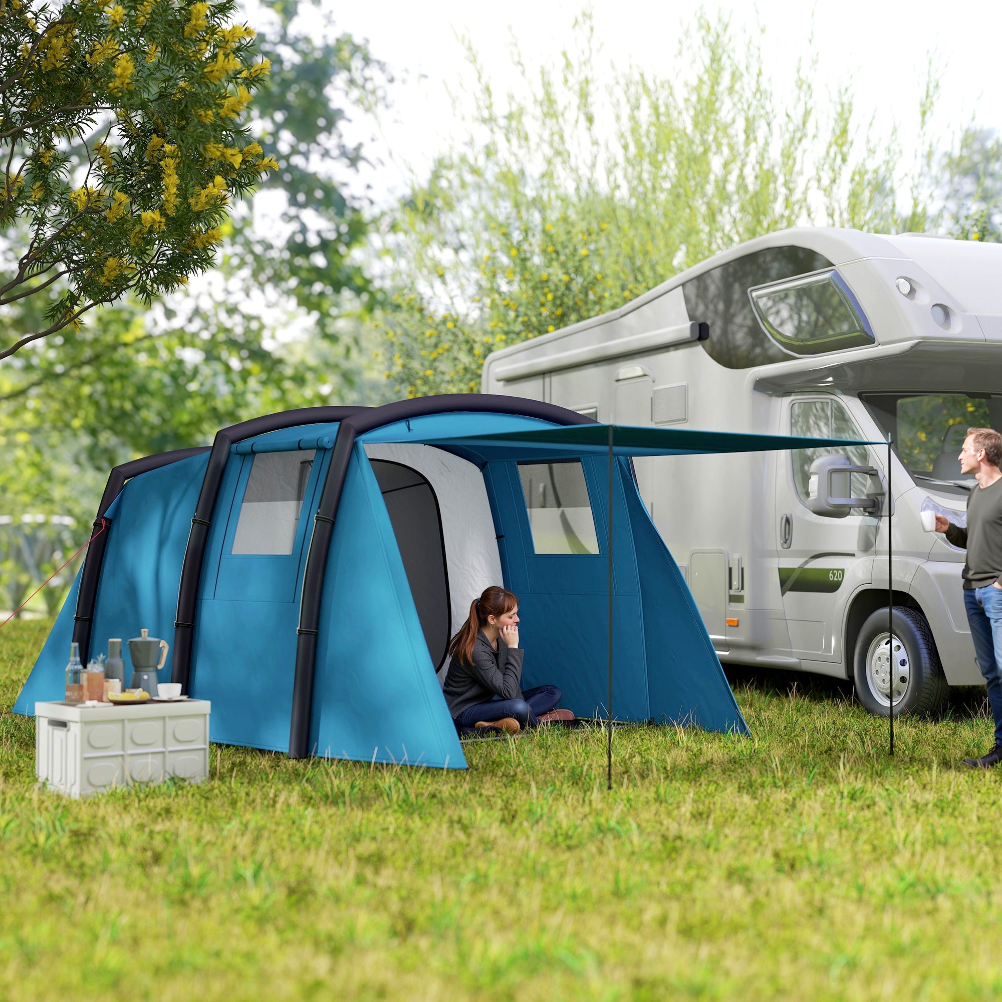 Tenda de Campismo Inflável Tipo Túnel para 3-4 Pessoas - Azul 440x280x195 cm