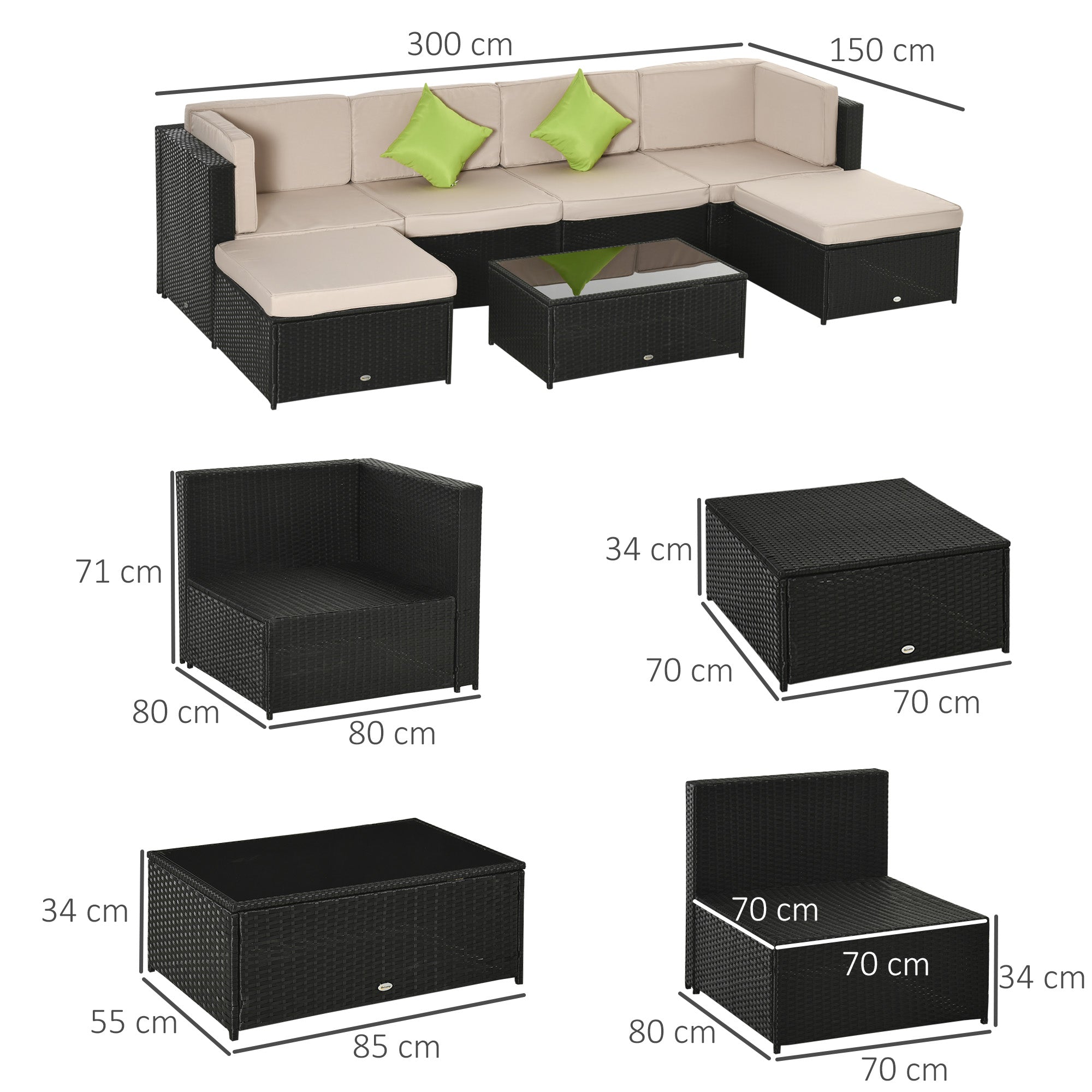 Conjunto de Sofá de Jardim – 80x80x71 cm – Preto Areia Verde – Vime PE