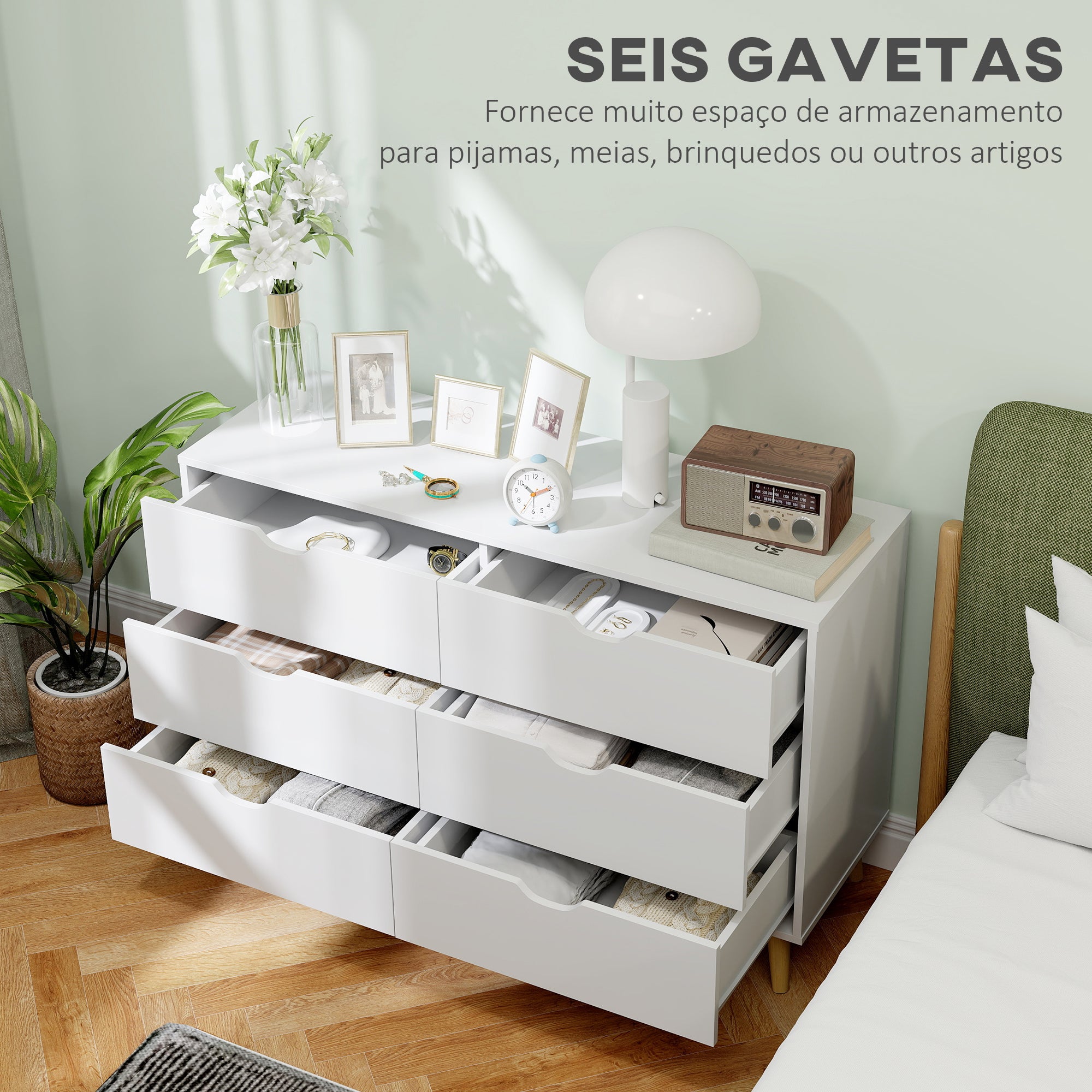 Cómoda 6 Gavetas Branco 120x40x76 cm - Estilo Moderno