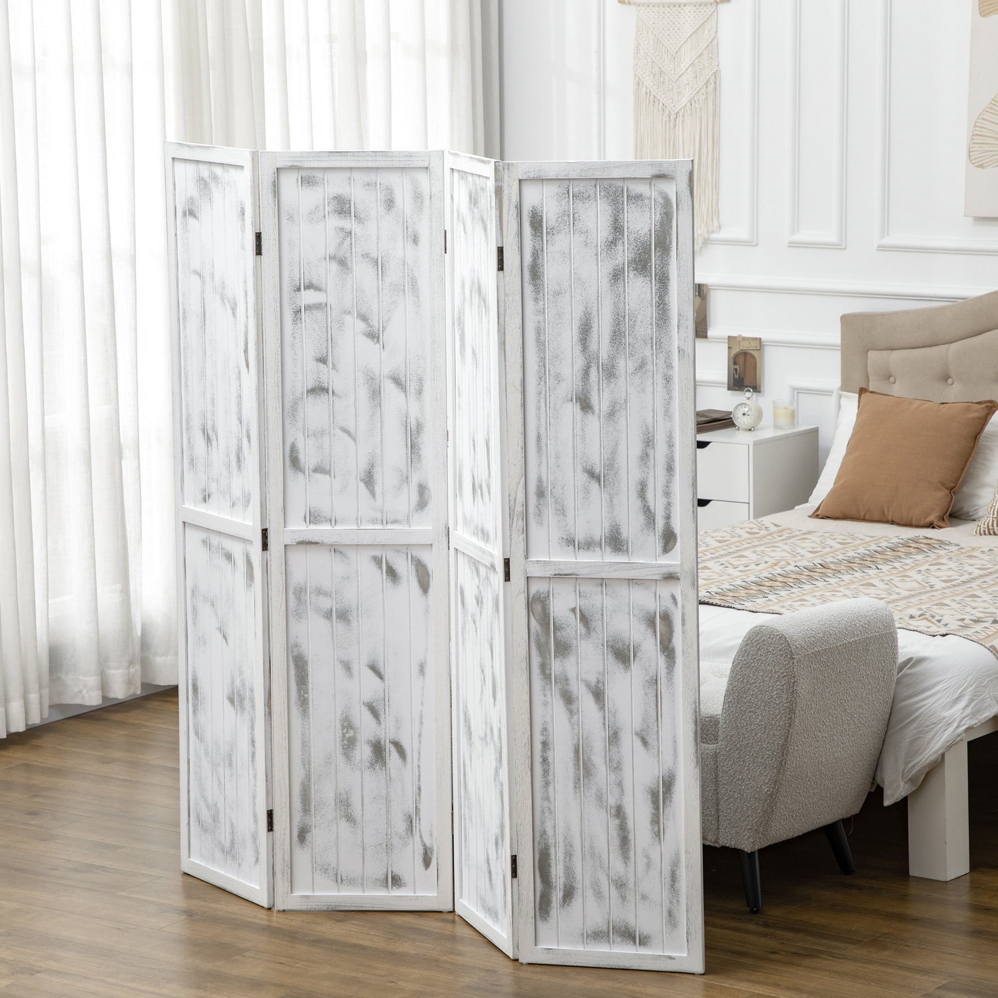 Biombo Dobrável 160,5x170cm Branco Rústico - Separador de Ambientes Elegante