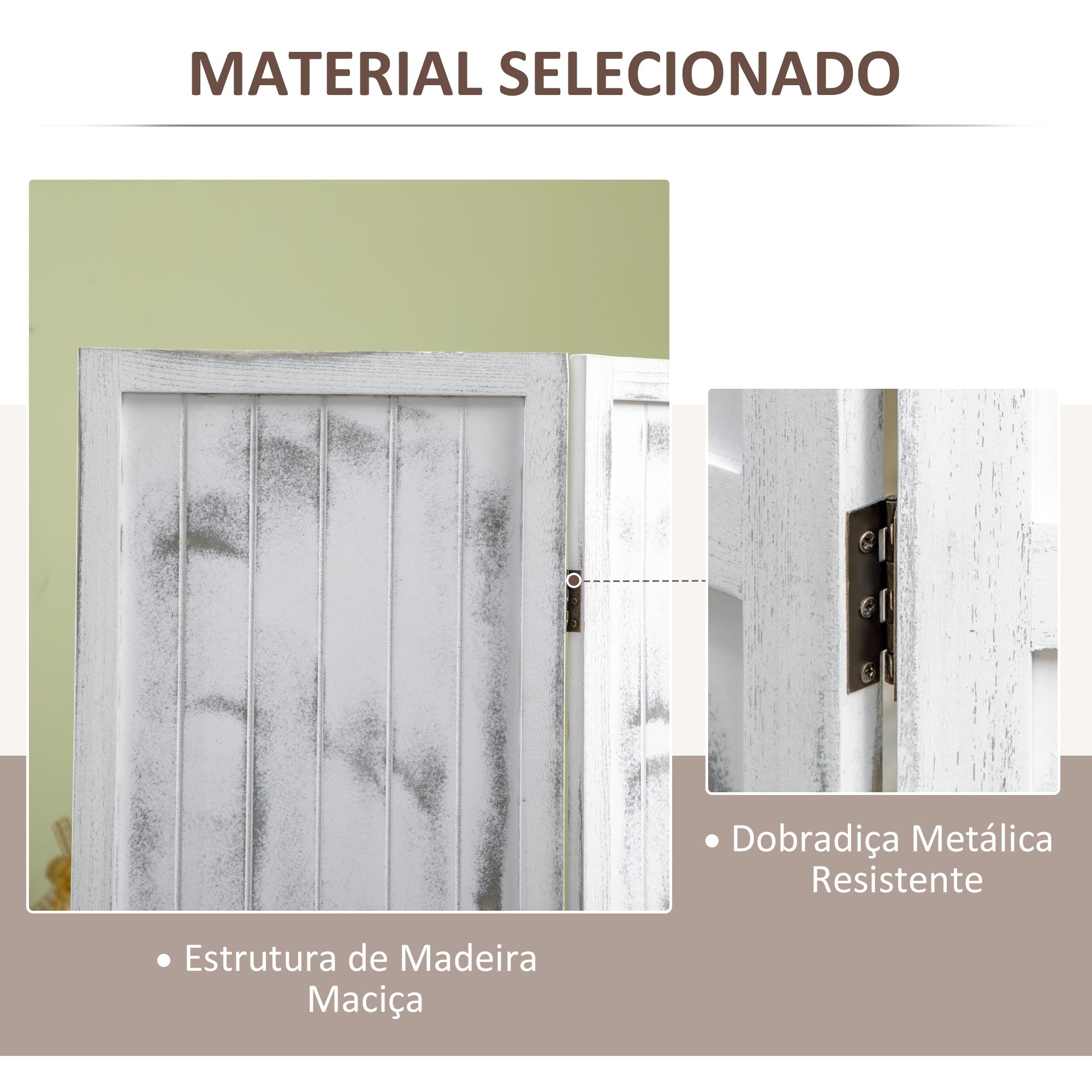 Biombo Dobrável 160,5x170cm Branco Rústico - Separador de Ambientes Elegante