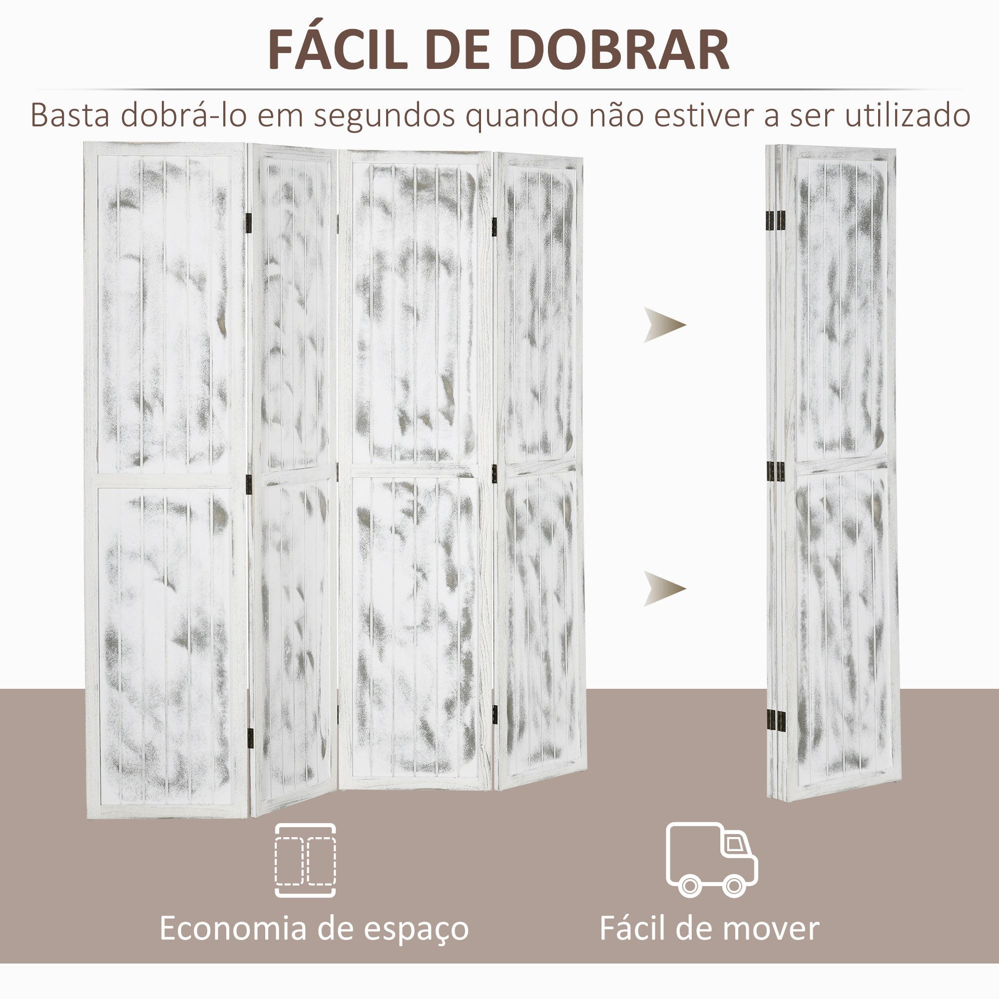 Biombo Dobrável 160,5x170cm Branco Rústico - Separador de Ambientes Elegante