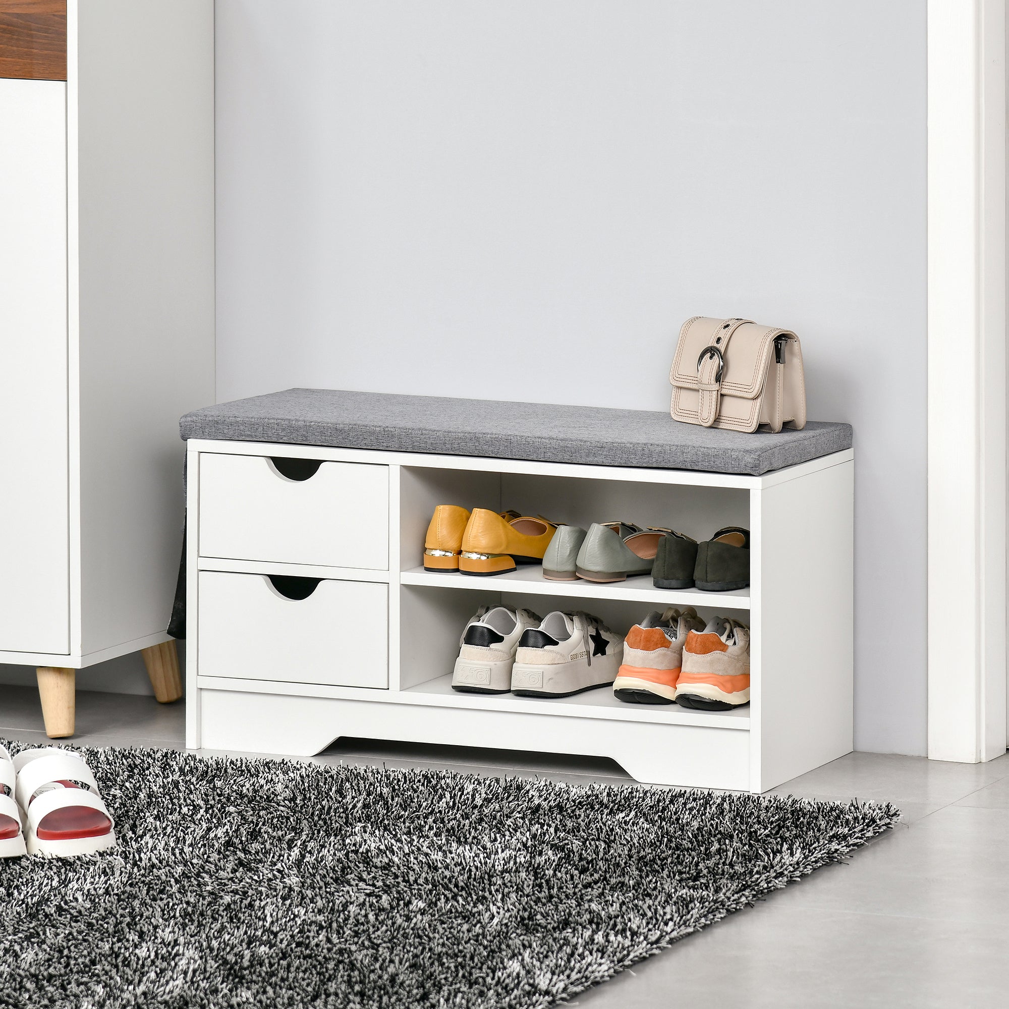 Banco Sapateira com Assento 2 Prateleiras Bolso Almofada Amovível e 2 Gavetas - Branco e Cinza 80,5x30,5x43,5 cm