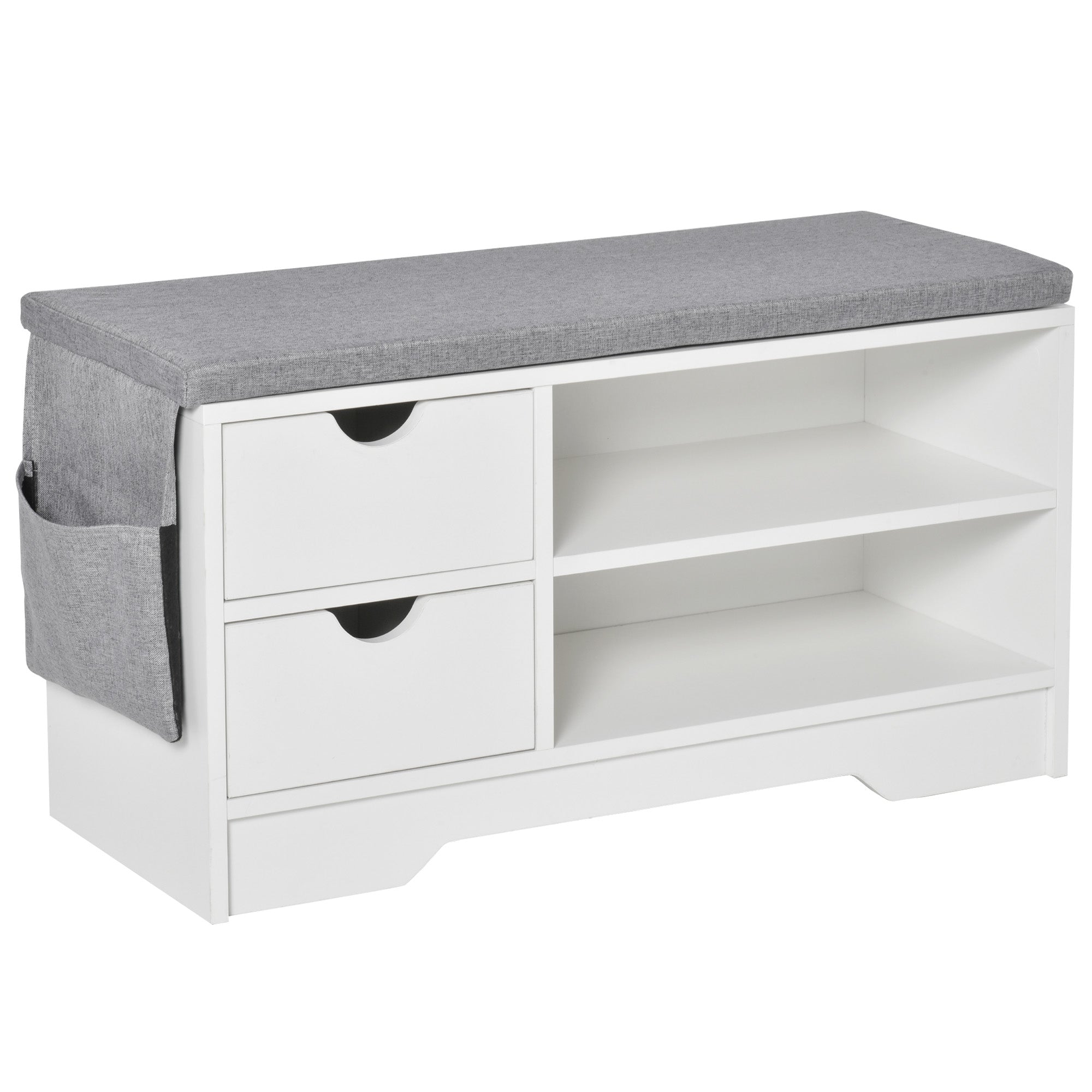 Banco Sapateira com Assento 2 Prateleiras Bolso Almofada Amovível e 2 Gavetas - Branco e Cinza 80,5x30,5x43,5 cm