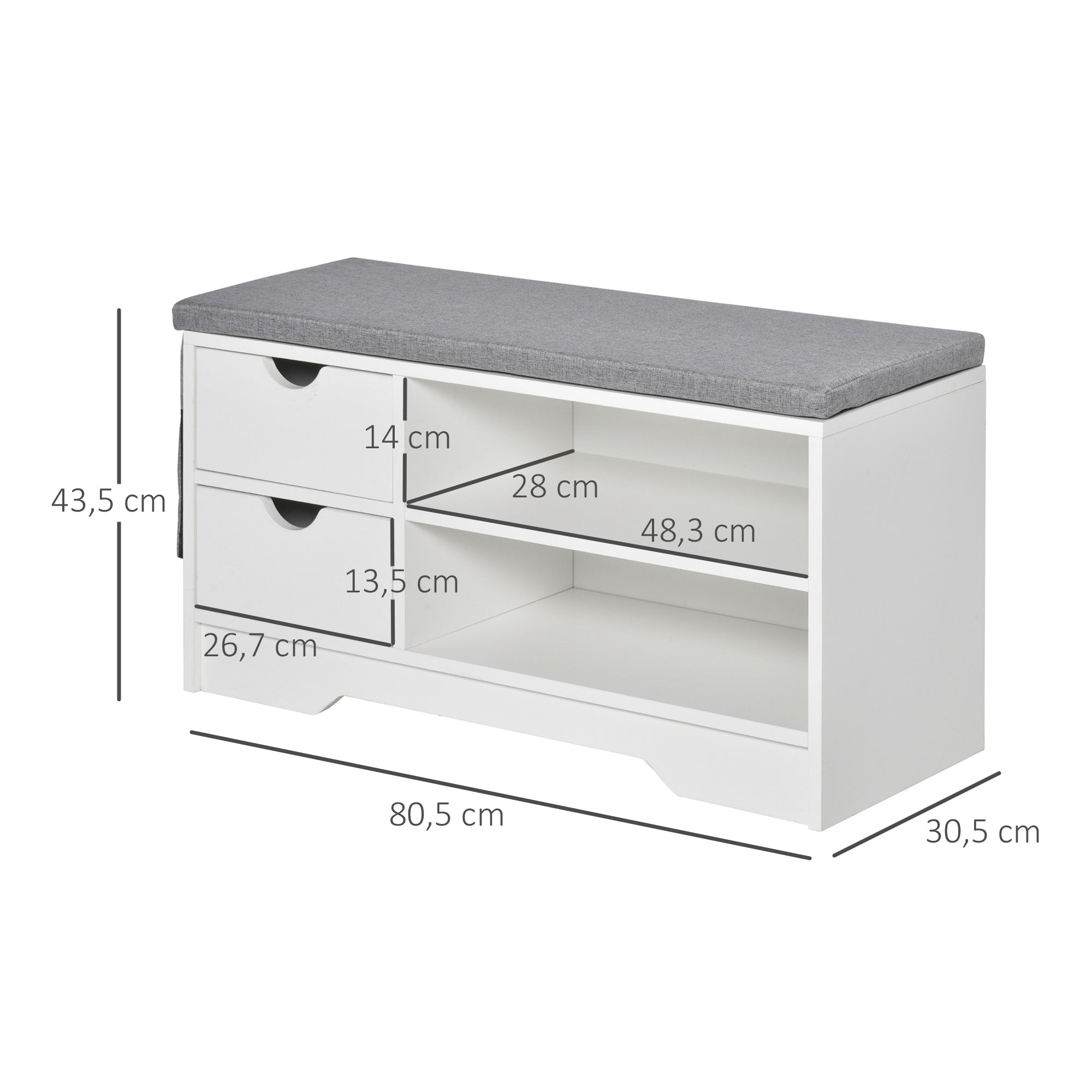 Banco Sapateira com Assento – 80,5x30,5x43,5 cm – Branco e Cinza – MDF