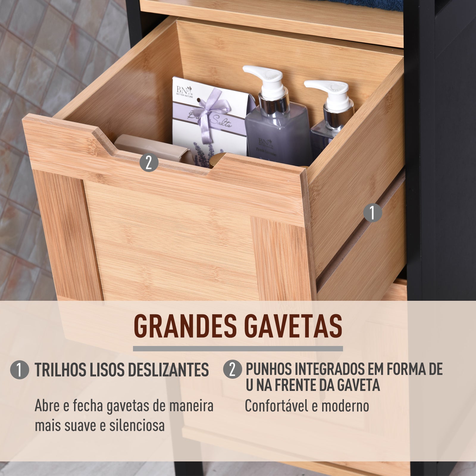 Armário Auxiliar para Banheiro – 30x30x144,3 cm – Negro – MDF e Bambu
