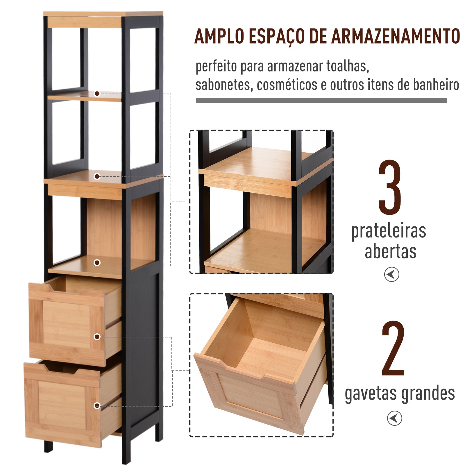 Armário Auxiliar para Banheiro Negro Bambú 30x30x144,3 cm