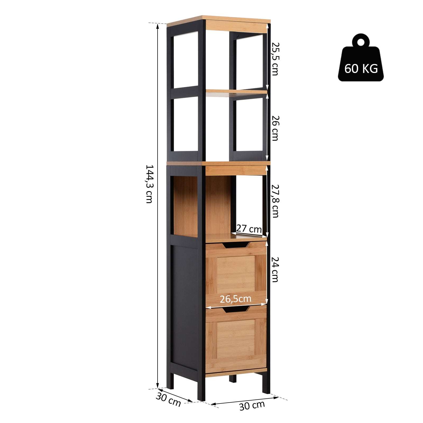 Armário Auxiliar para Banheiro – 30x30x144,3 cm – Negro – MDF e Bambu