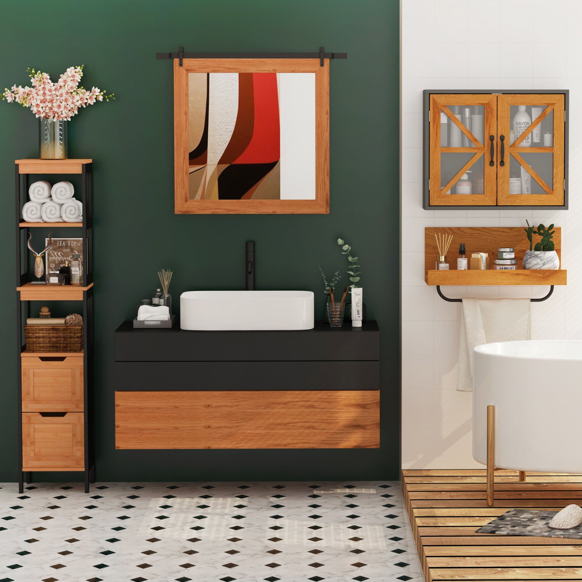 Armário Auxiliar para Banheiro – 30x30x144,3 cm – Negro – MDF e Bambu