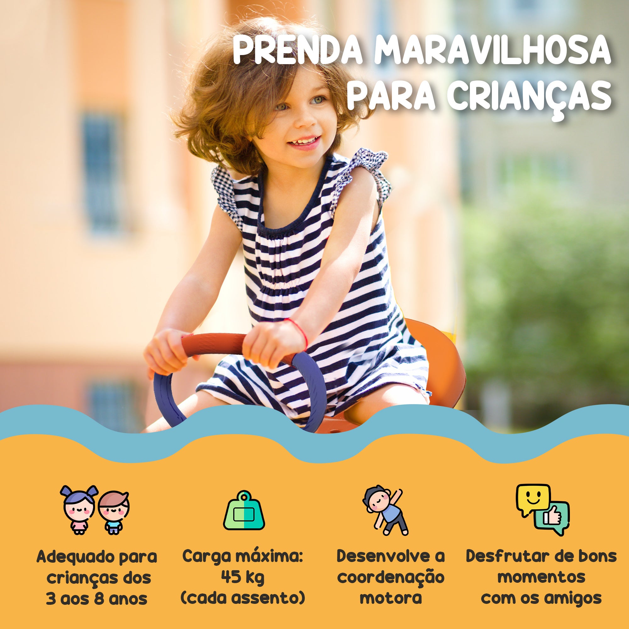Baloiço para Crianças Multicor 192x60x60 cm - Sobe e Desce Infantil Giratório 360°