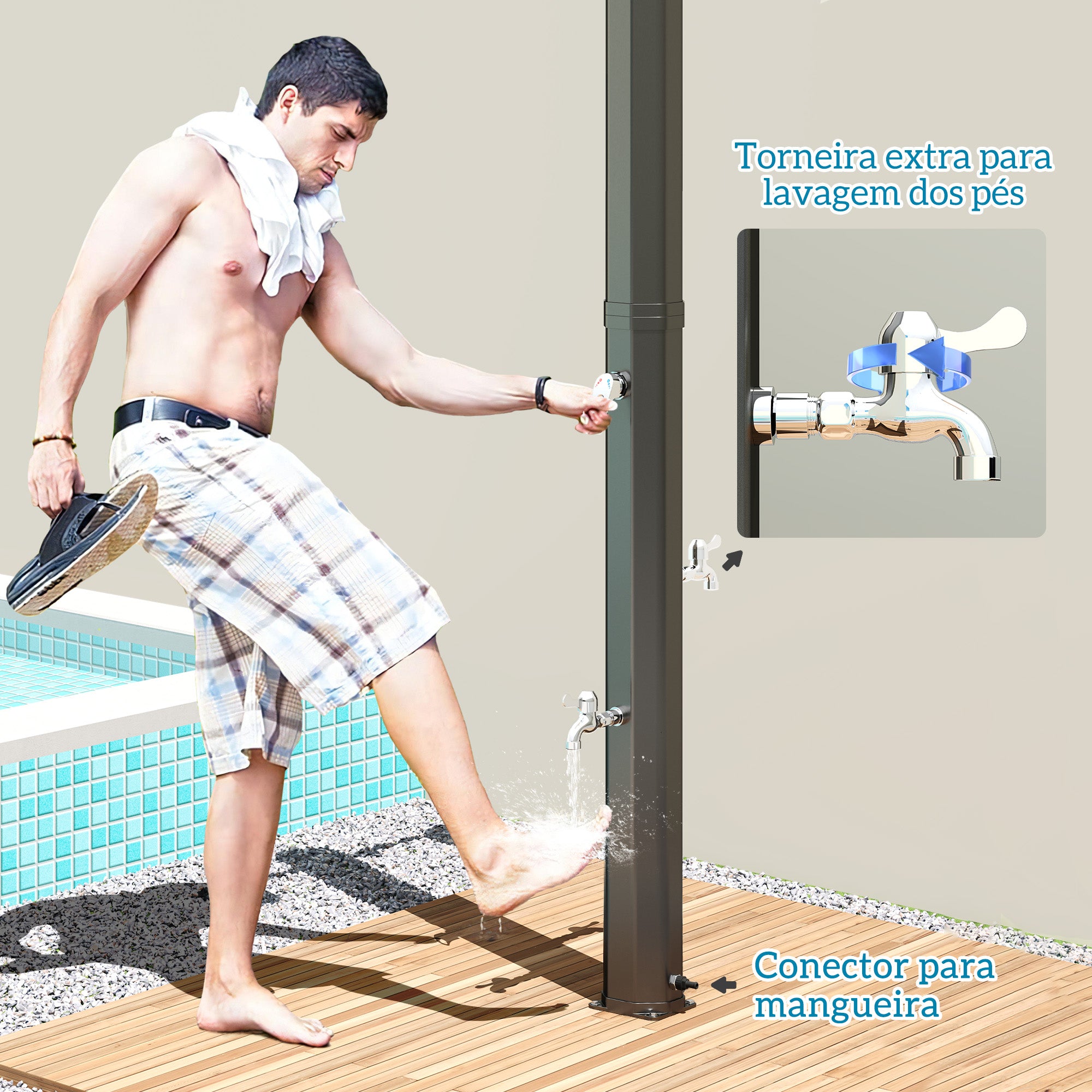 Duche de Jardim Solar Preto 73x18x217 cm - Água Quente até 55°C