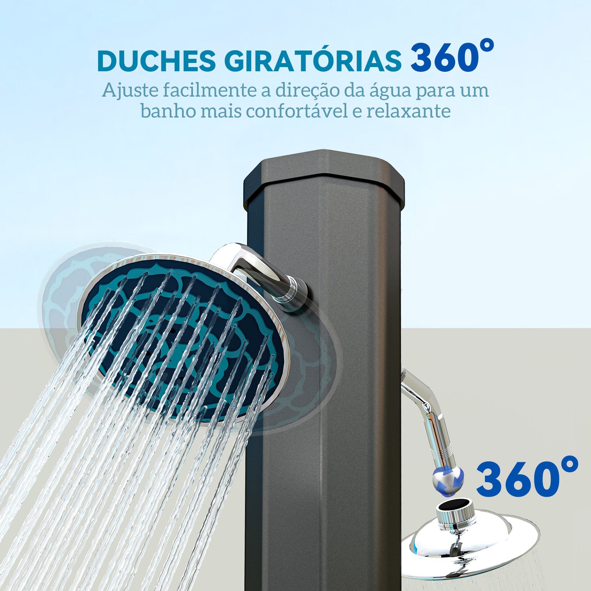 Duche de Jardim Solar Preto 73x18x217 cm - Água Quente até 55°C
