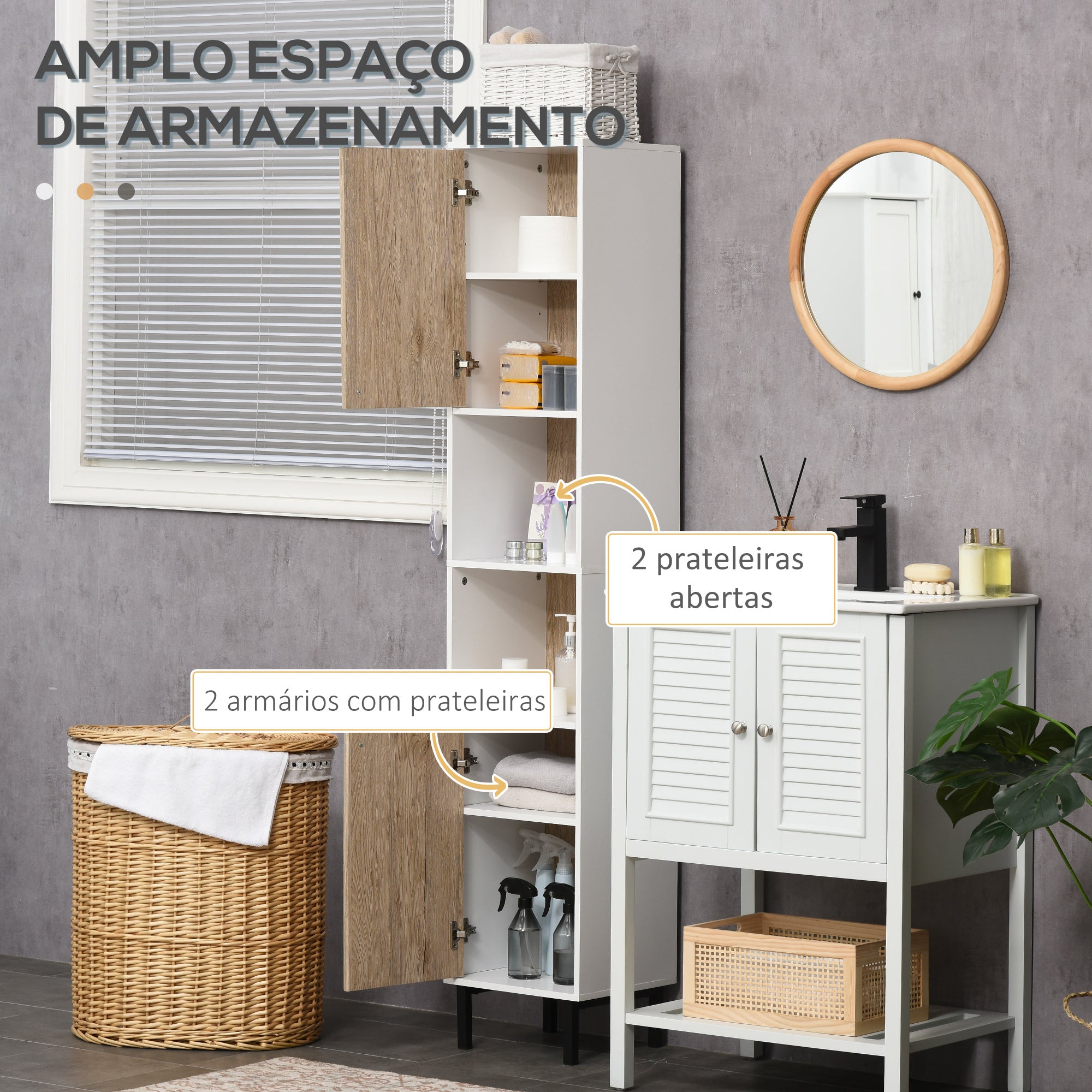 Coluna Casa de Banho 31,5x30x169 cm Branco e Carvalho