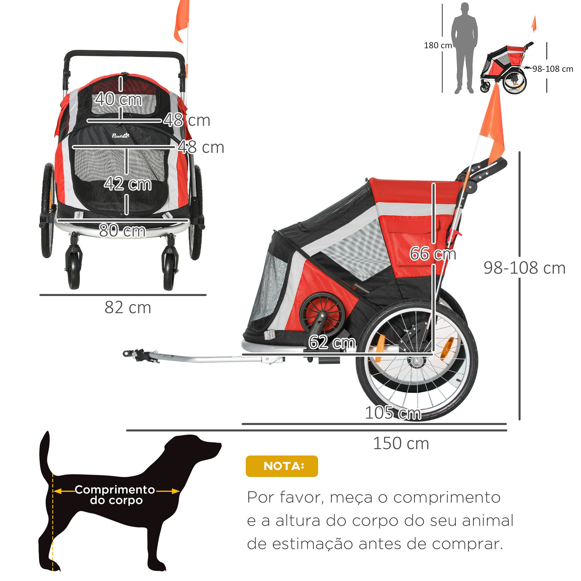 Reboque de Bicicleta para Cães Vermelho 150x82x108cm