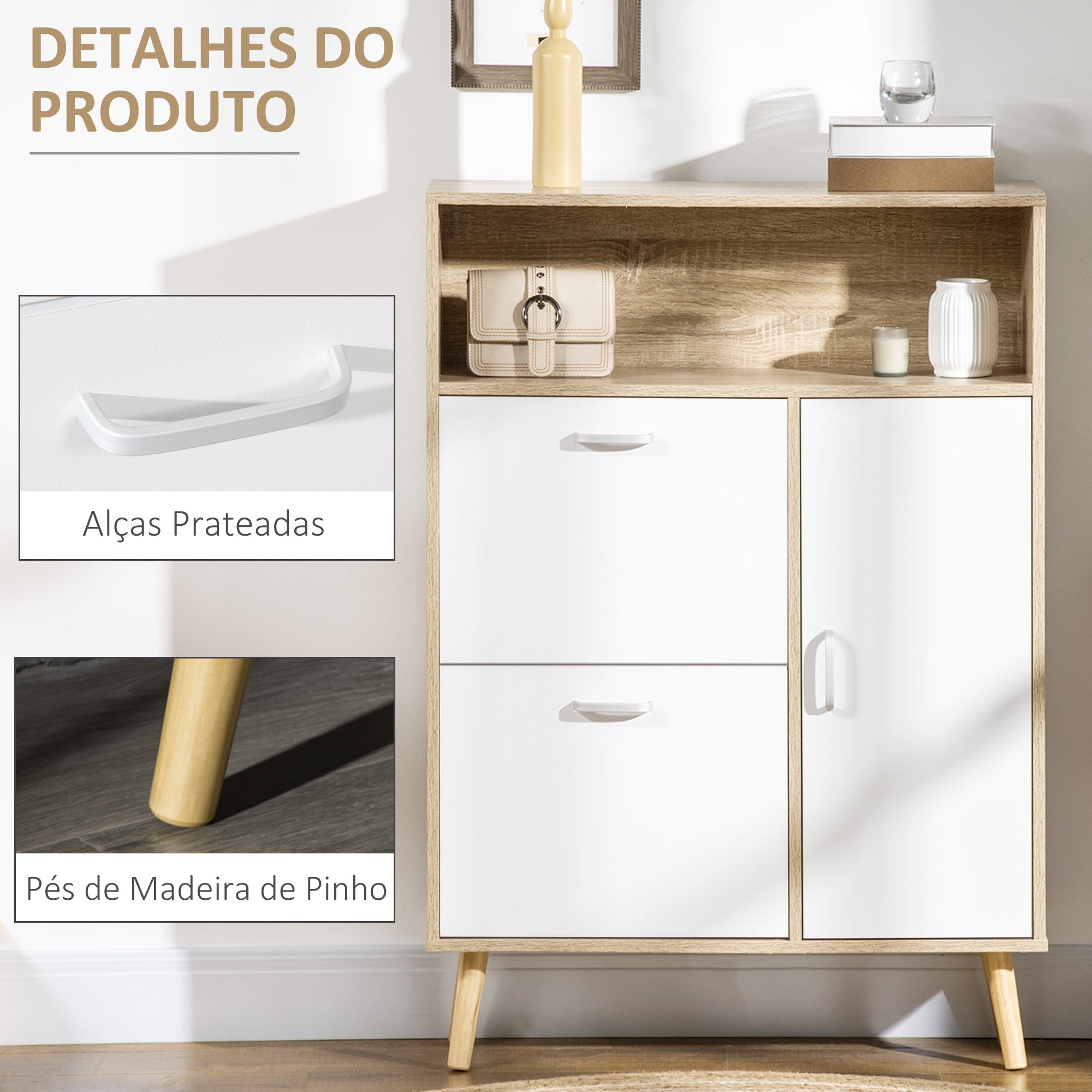 Sapateira Moderna para 8 Pares de Sapatos 80x25.5x112.5 cm - Madeira e Branco