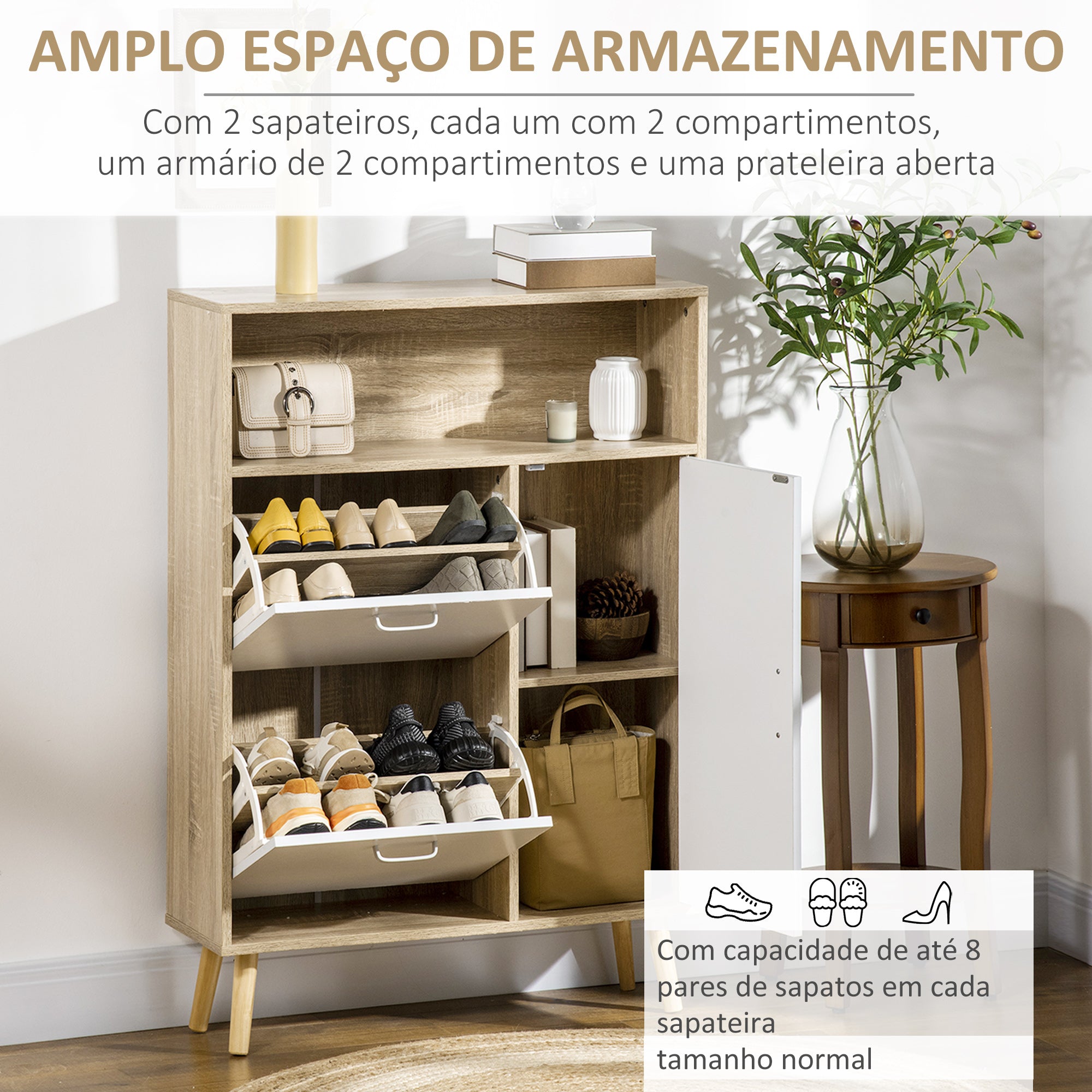 Sapateira Moderna para 8 Pares de Sapatos 80x25.5x112.5 cm - Madeira e Branco