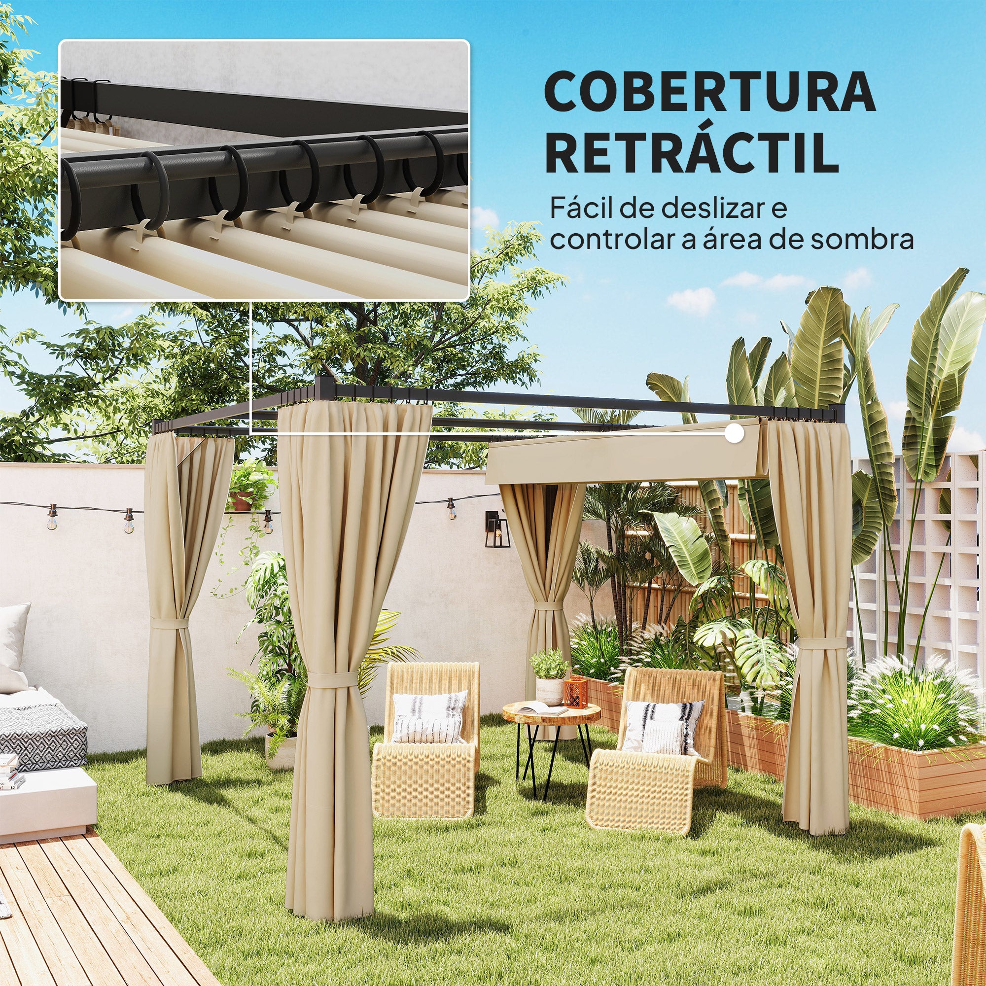 Pérgola de Jardim Retrátil 300x300x227 cm - Cor Bege