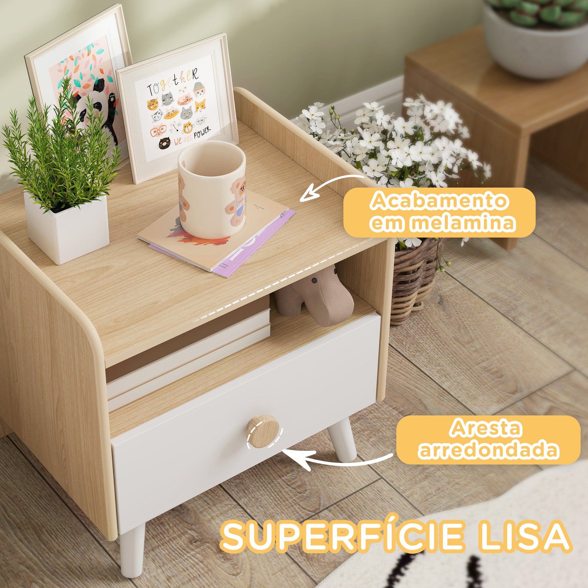 Mesa de Cabeceira Infantil de Madeira Branca 40x32,5x40 cm