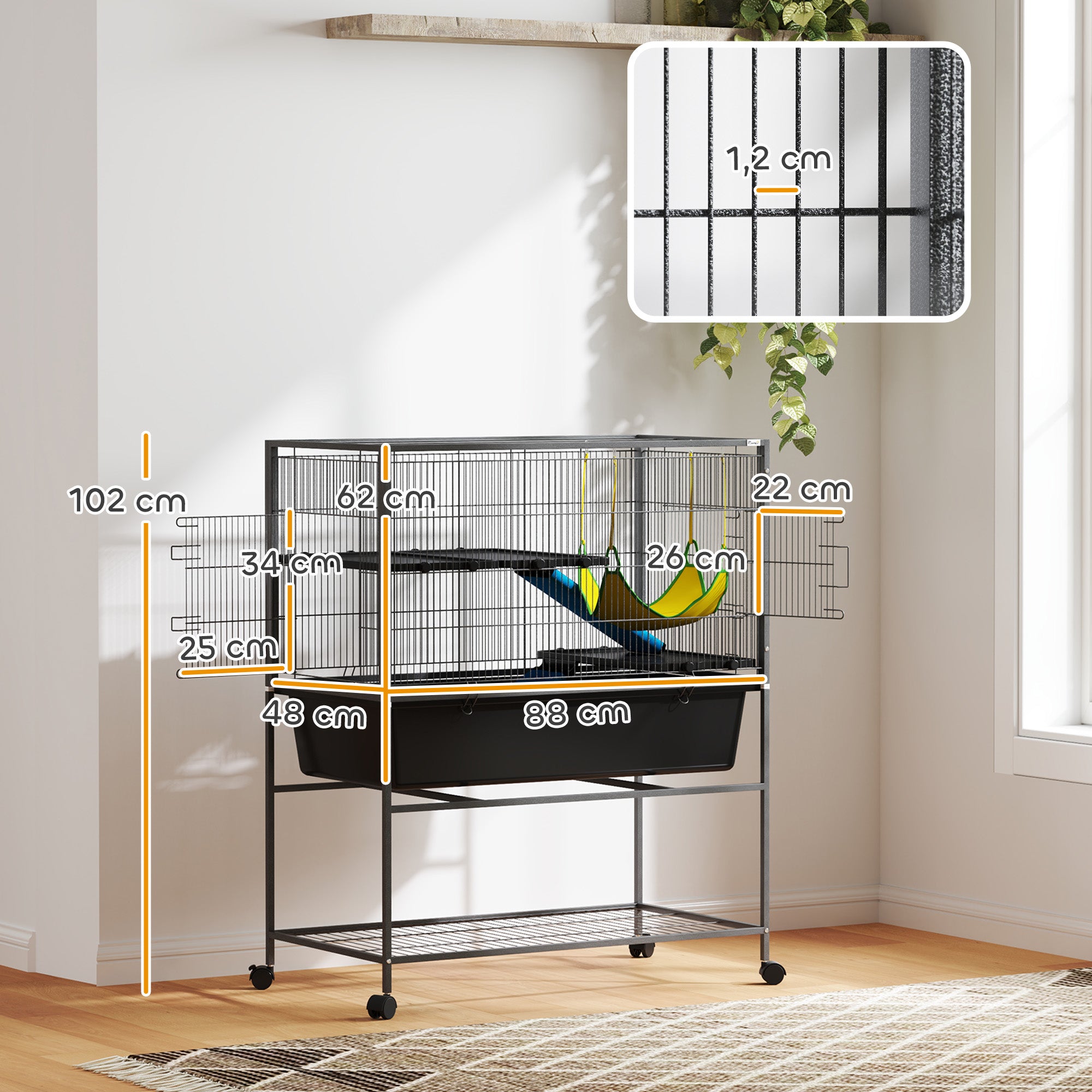 Gaiola para Animais de 3 Níveis 88x48x102 cm - Cinza Escuro