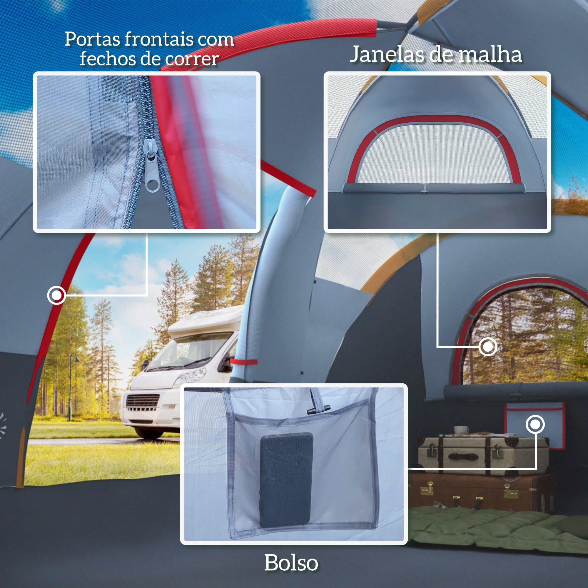 Tenda de Campismo para 4-5 Pessoas – 455x230x180cm – Azul Claro – Poliester