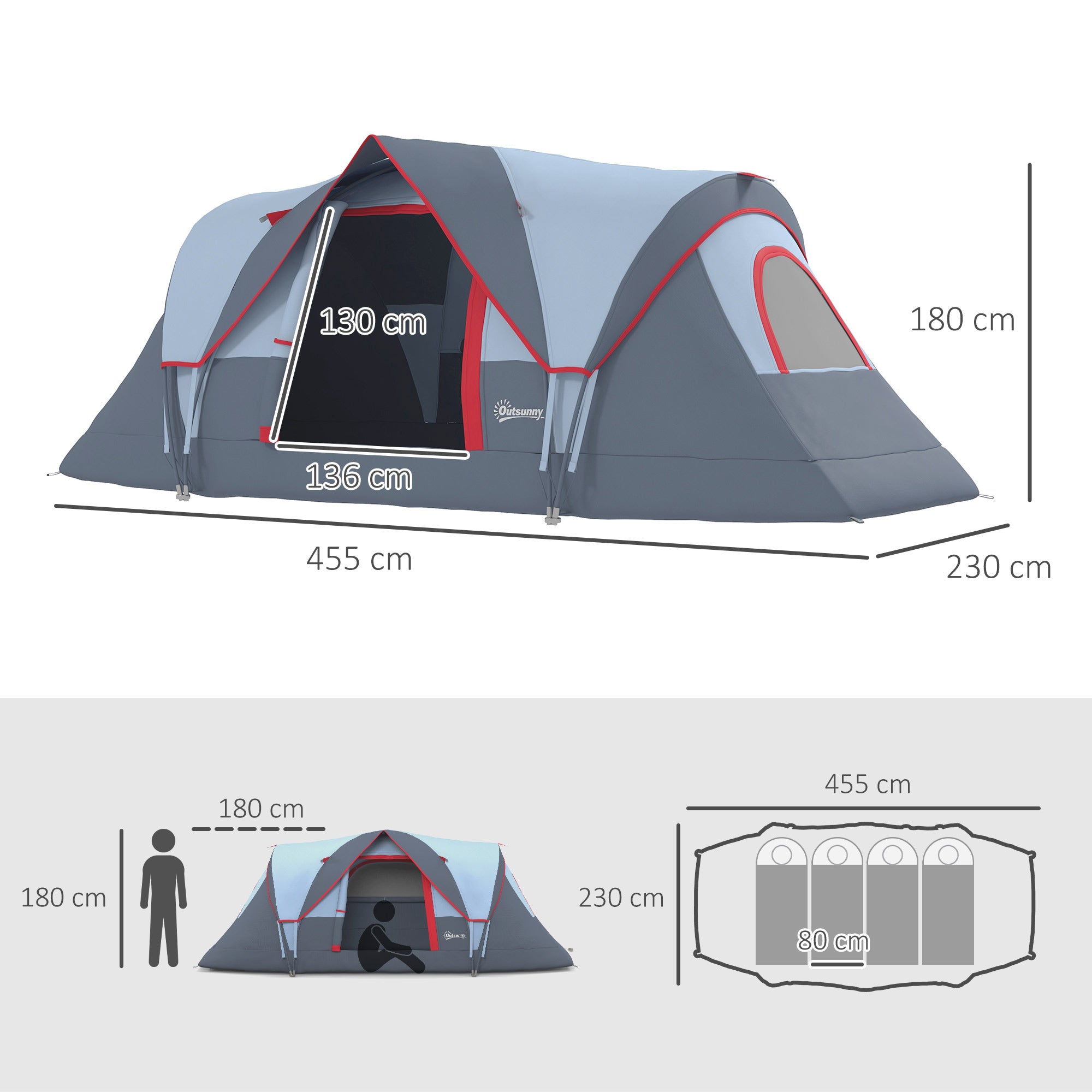 Tenda de Campismo para 4-5 Pessoas – 455x230x180cm – Azul Claro – Poliester