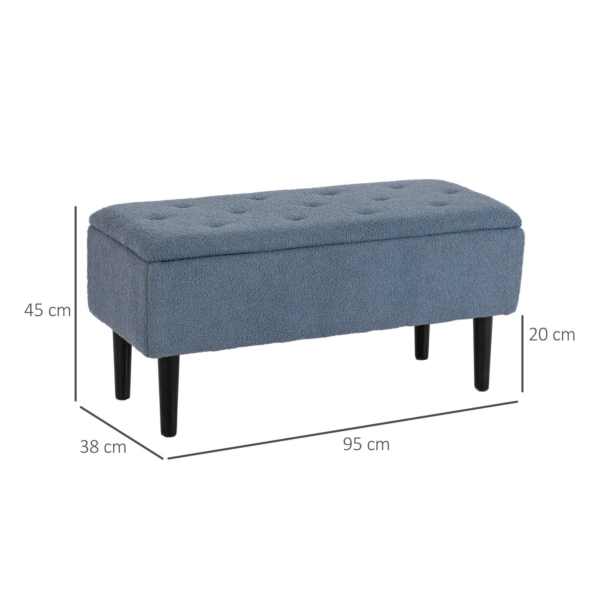 Banco de Armazenamento Moderno – 95x38x45 cm – Azul – Lã, Espuma e Madeira de Borracha