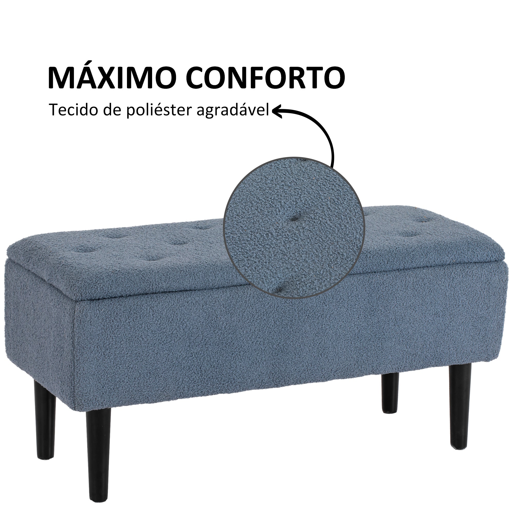 Banco de Armazenamento Moderno – 95x38x45 cm – Azul – Lã, Espuma e Madeira de Borracha