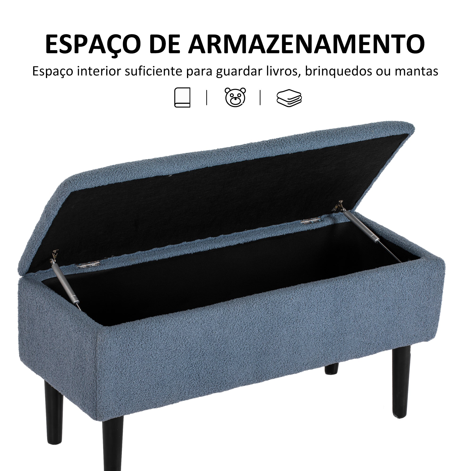 Banco de Armazenamento Moderno – 95x38x45 cm – Azul – Lã, Espuma e Madeira de Borracha