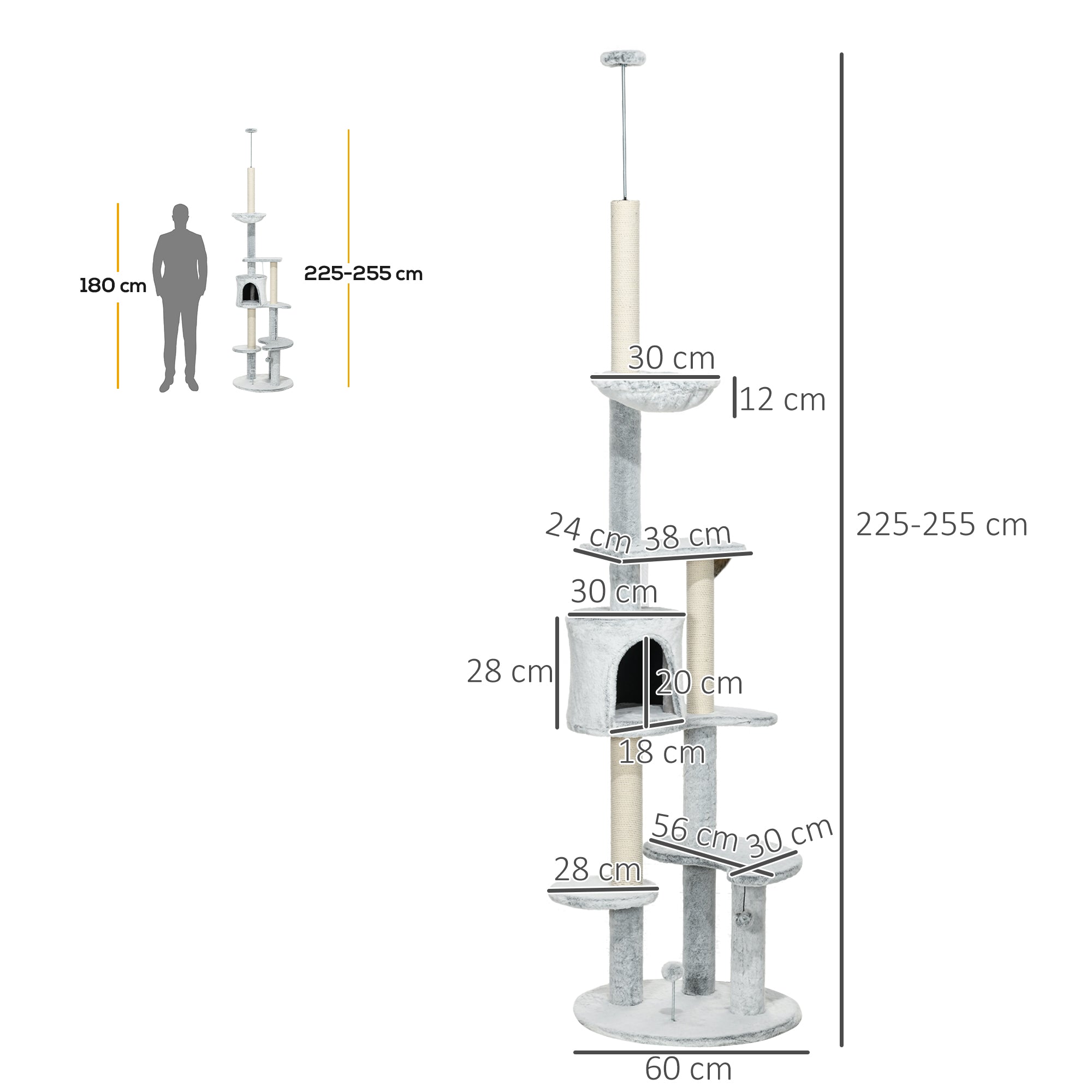 Arranhador para Gatos Ø60x225-255 cm - Cinzento