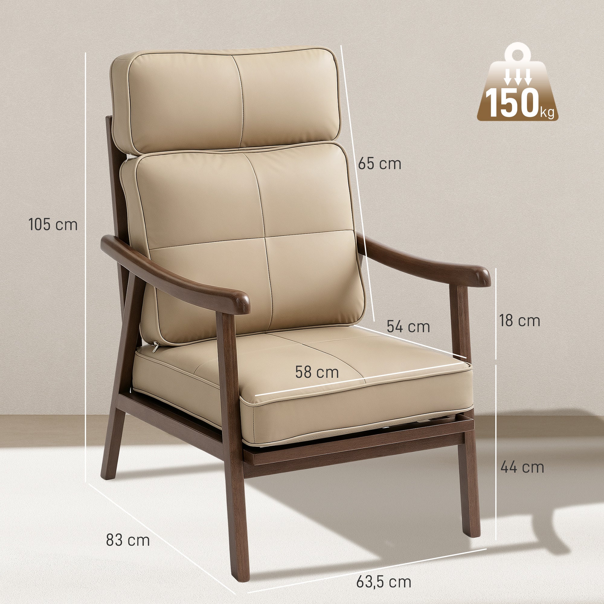 Poltrona Estofada em Couro Sintético Caqui 63,5x83x105 cm