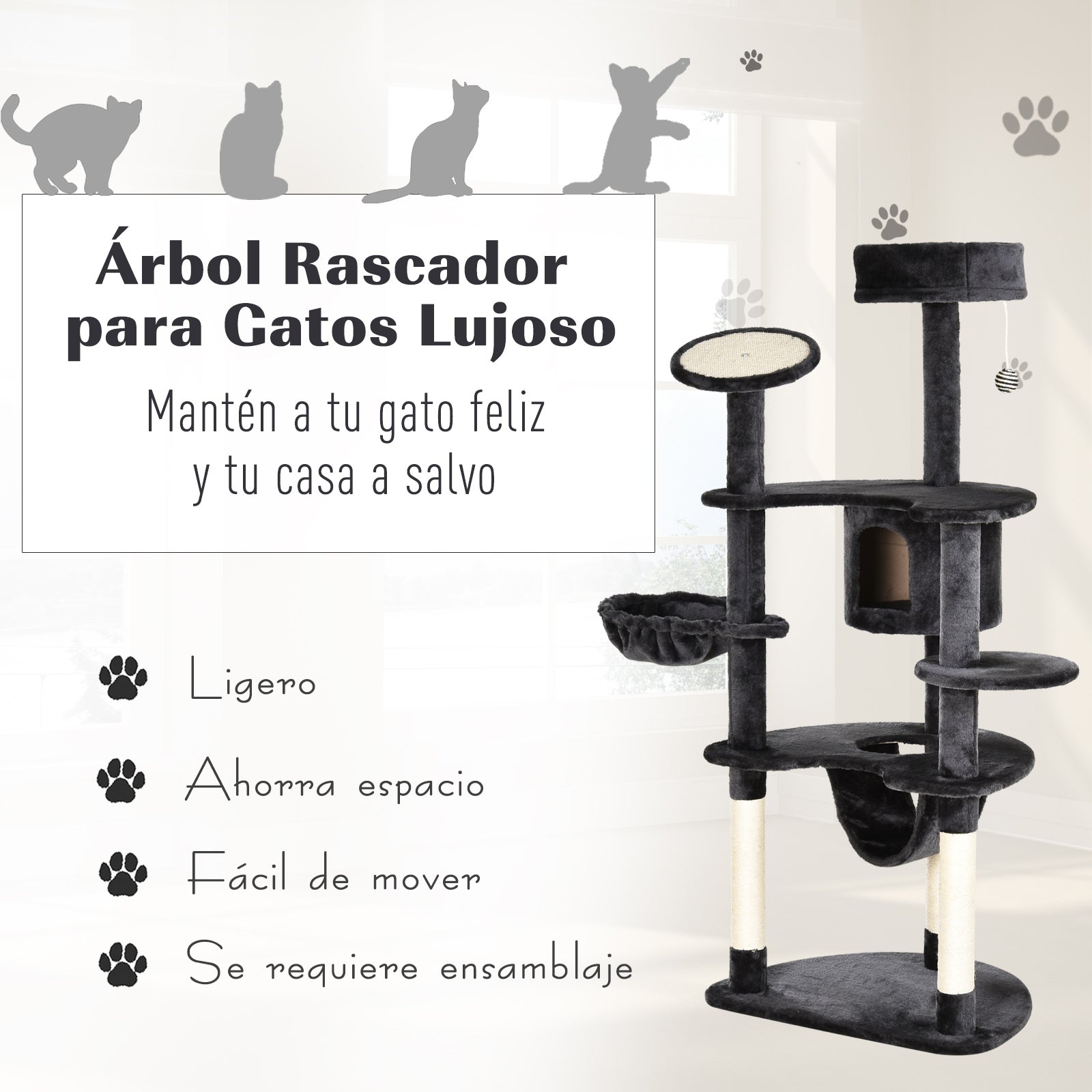 Árvore Arranhador para Gatos Cinza de Carvão 65x50x155cm