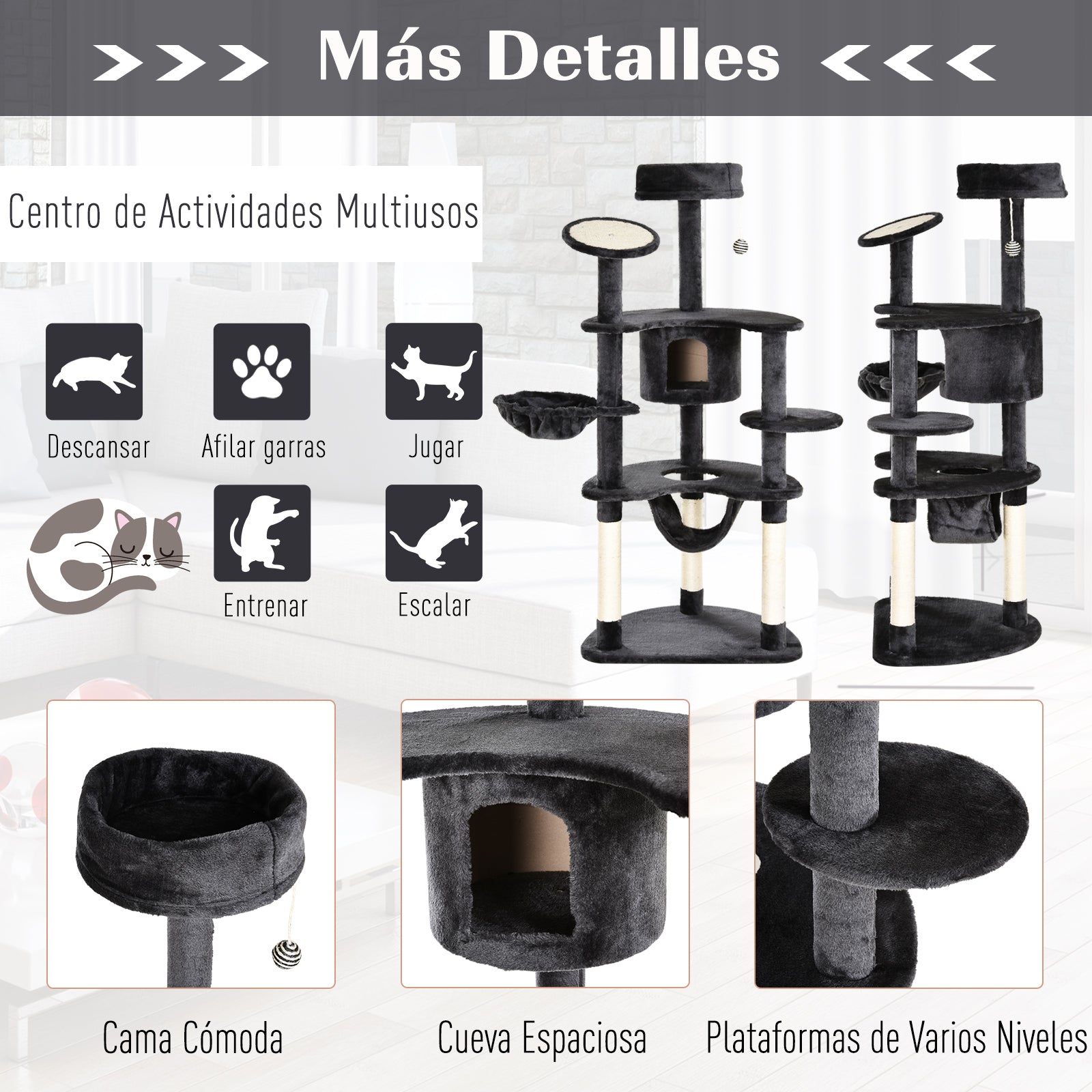 Árvore Arranhador para Gatos Cinza de Carvão 65x50x155cm