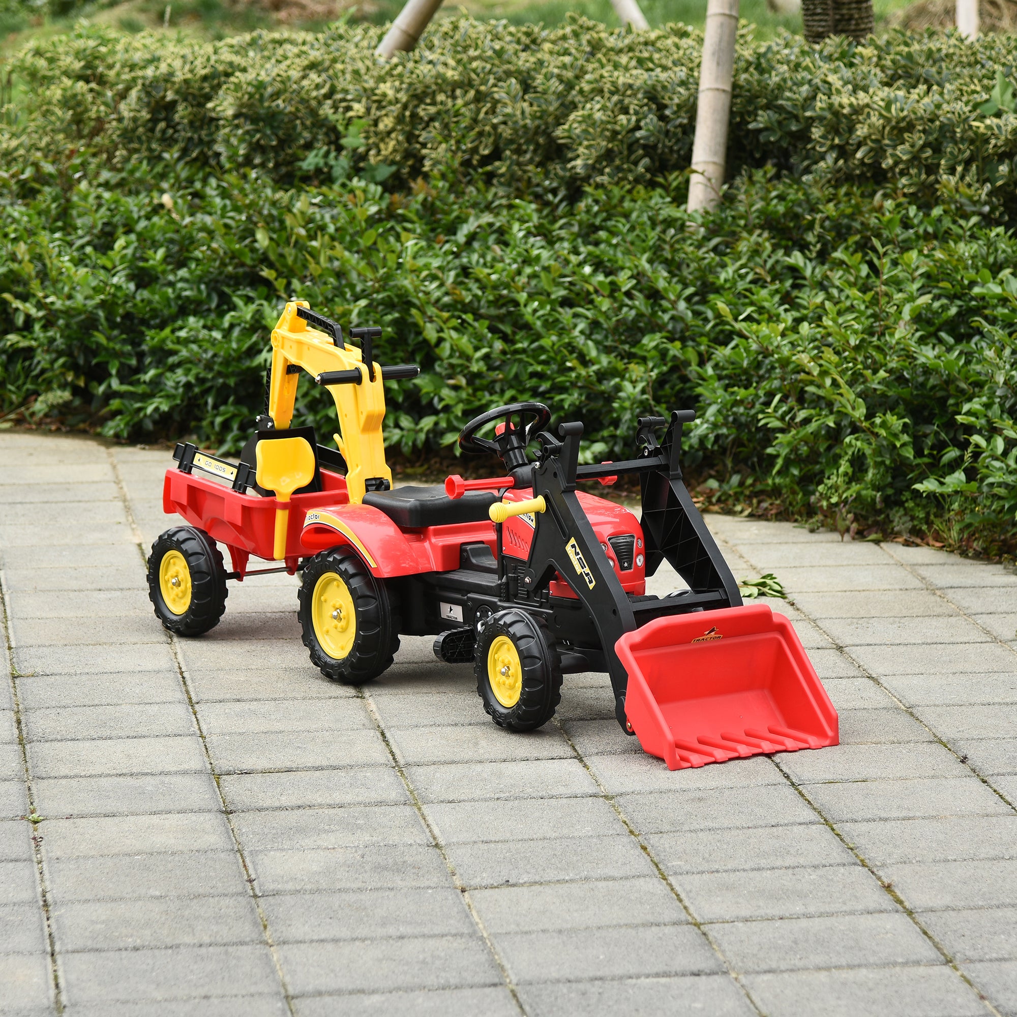 Trator de Pedais com Reboque Escavadeira Vermelho 179x42x59 cm para Crianças acima de 3 Anos