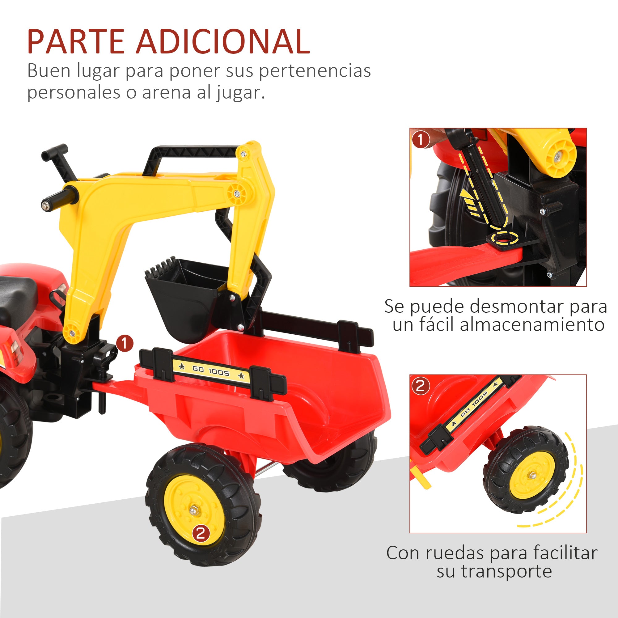 Trator de Pedais com Reboque Escavadeira Vermelho 179x42x59 cm para Crianças acima de 3 Anos